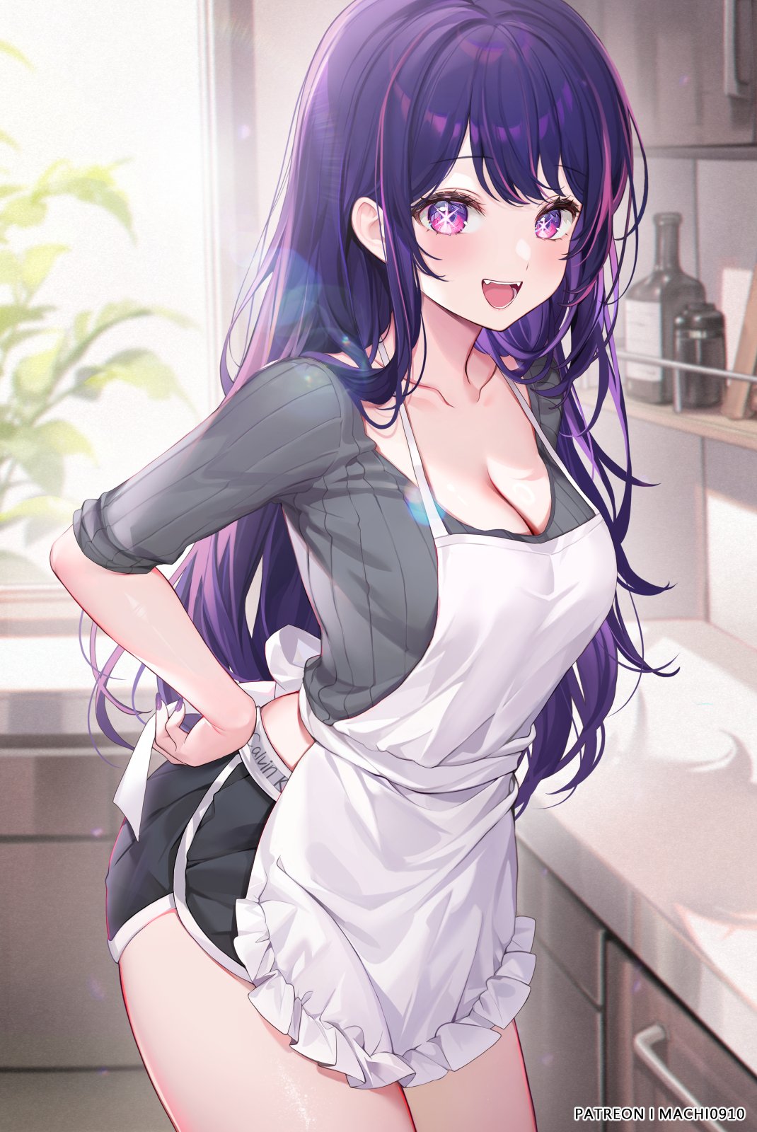 1girls, apron, blush, breasts, cleavage, clothed, female, hips, hoshino ai, indoors, large breasts, long hair, machi (7769), milf, nail polish, oshi no ko, purple eyes, purple hair, purple nails, short shorts, shorts, smile, symbol-shaped pupils, thick thighs, thighs, wide hips