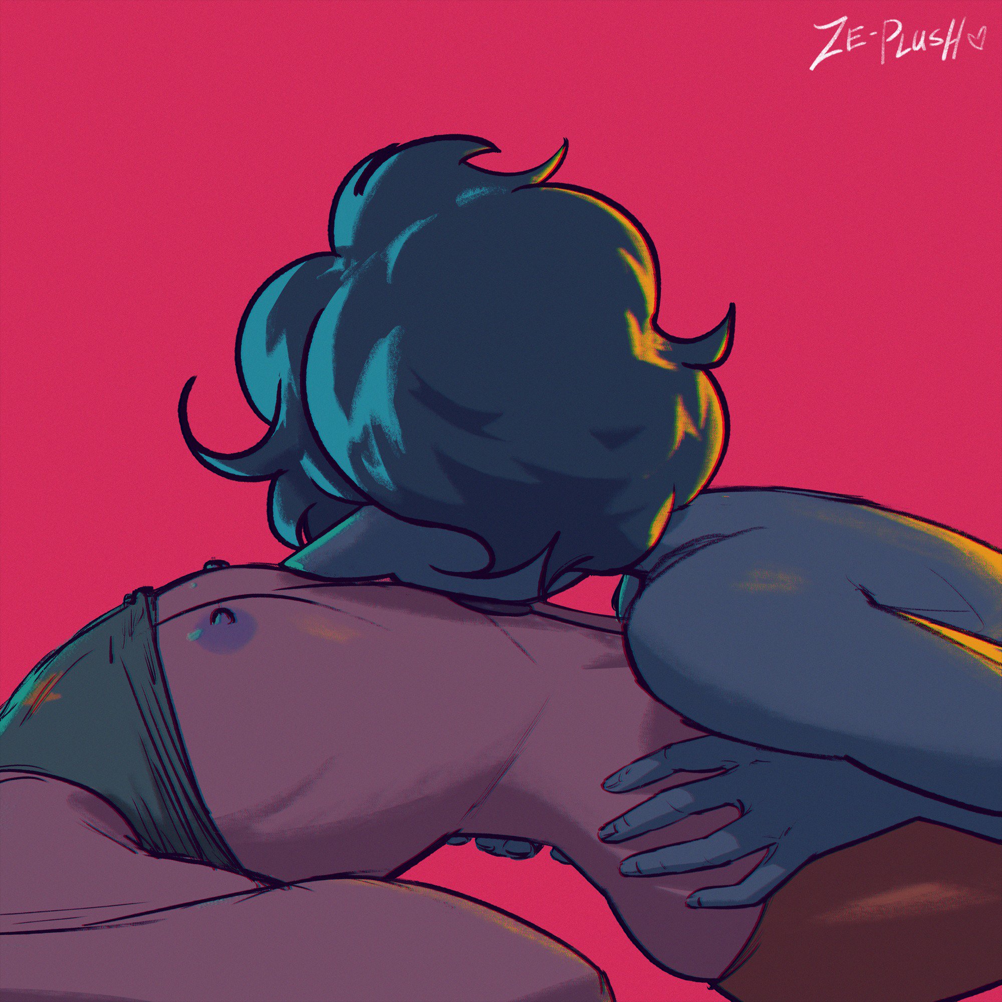 blue hair, blue pearl (steven universe), blue skin, breasts, female, gem (species), groping, licking, licking stomach, pearl (steven universe), raised clothing, raised shirt, raised topwear, sensual, small breasts, steven universe, white skin, yuri, ze-plush