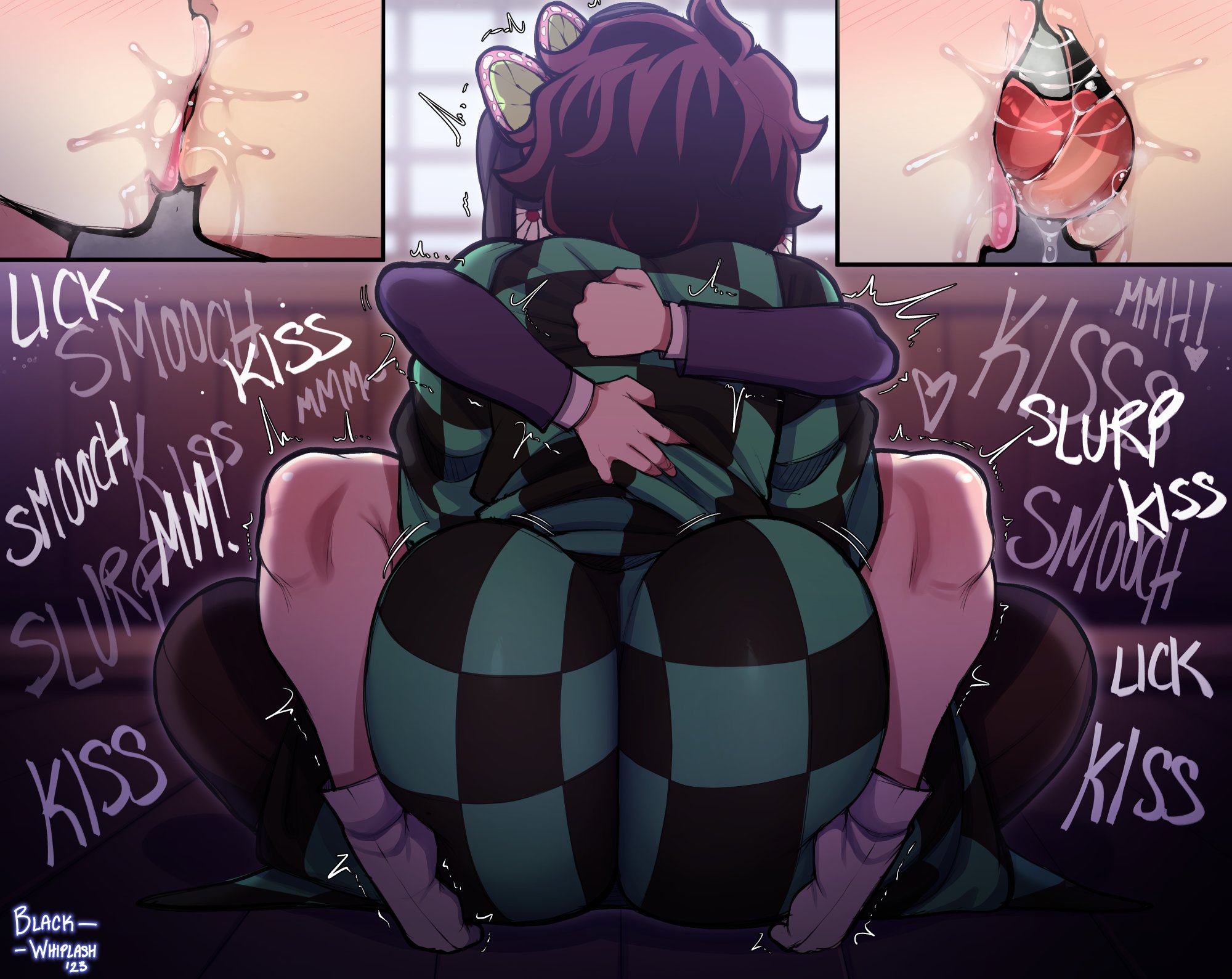 ass, big ass, big ass (male), blackwhiplash, bwl, clothed, clothed sex, demon slayer, eyeless male, female, femboy, huge ass, implied sex, kamado tanjirou, kimetsu no yaiba, kissing, male, male/female, onomatopoeia, pussy, tagme, tongue, tongue out, tsuyuri kanao, vaginal penetration