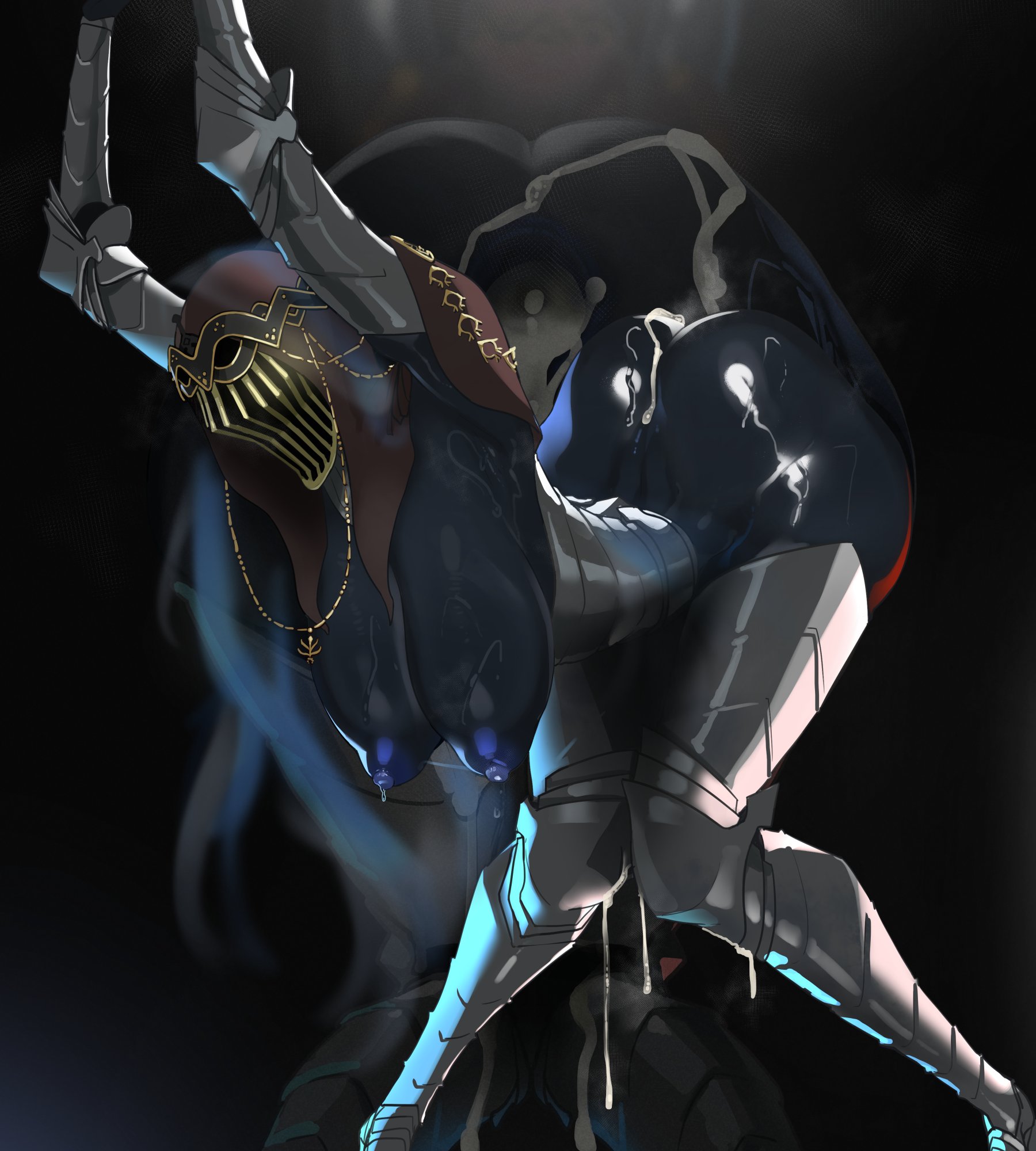 anus, armor, armored female, ass, back view, big ass, big breasts, black body, blue areola, breasts, cum, cum drip, cum in ass, cum on ass, cum running down leg, dancer of the boreal valley, dark souls, dark souls 3, digital media (artwork), female, fromsoftware, gaping anus, legs together, mdthetest, necklace, partially clothed, puffy anus, questionable consent, solo, sweat, sweating, tall, tall female