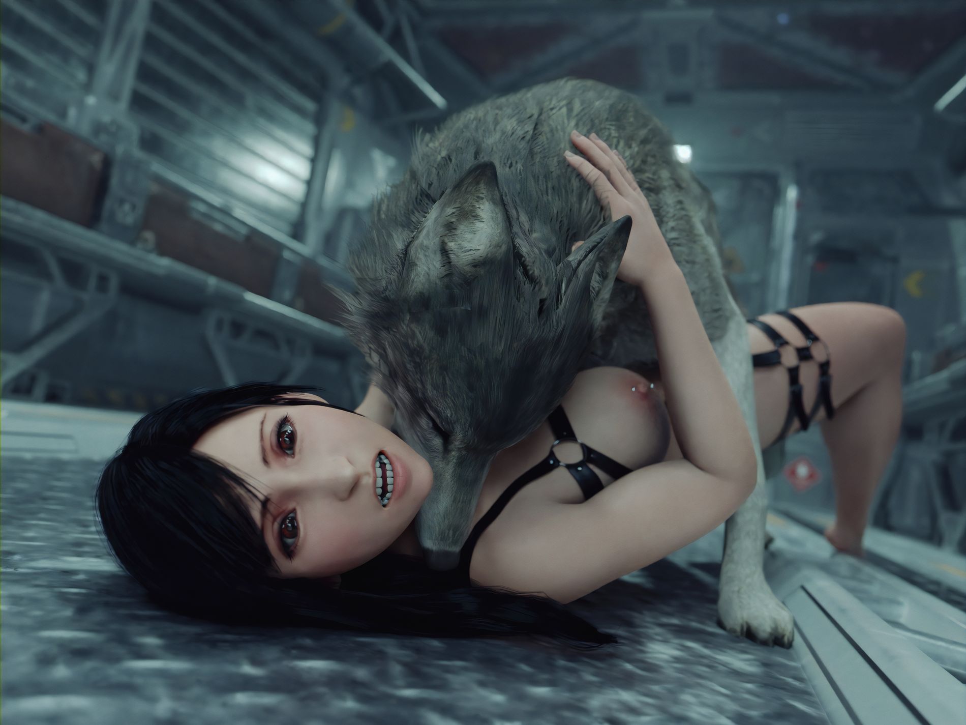1girls, 3d, bite, black hair, female, final fantasy, final fantasy vii, final fantasy vii remake, held down, tagme, throat grab, tifa lockhart, wolf, zoophilia