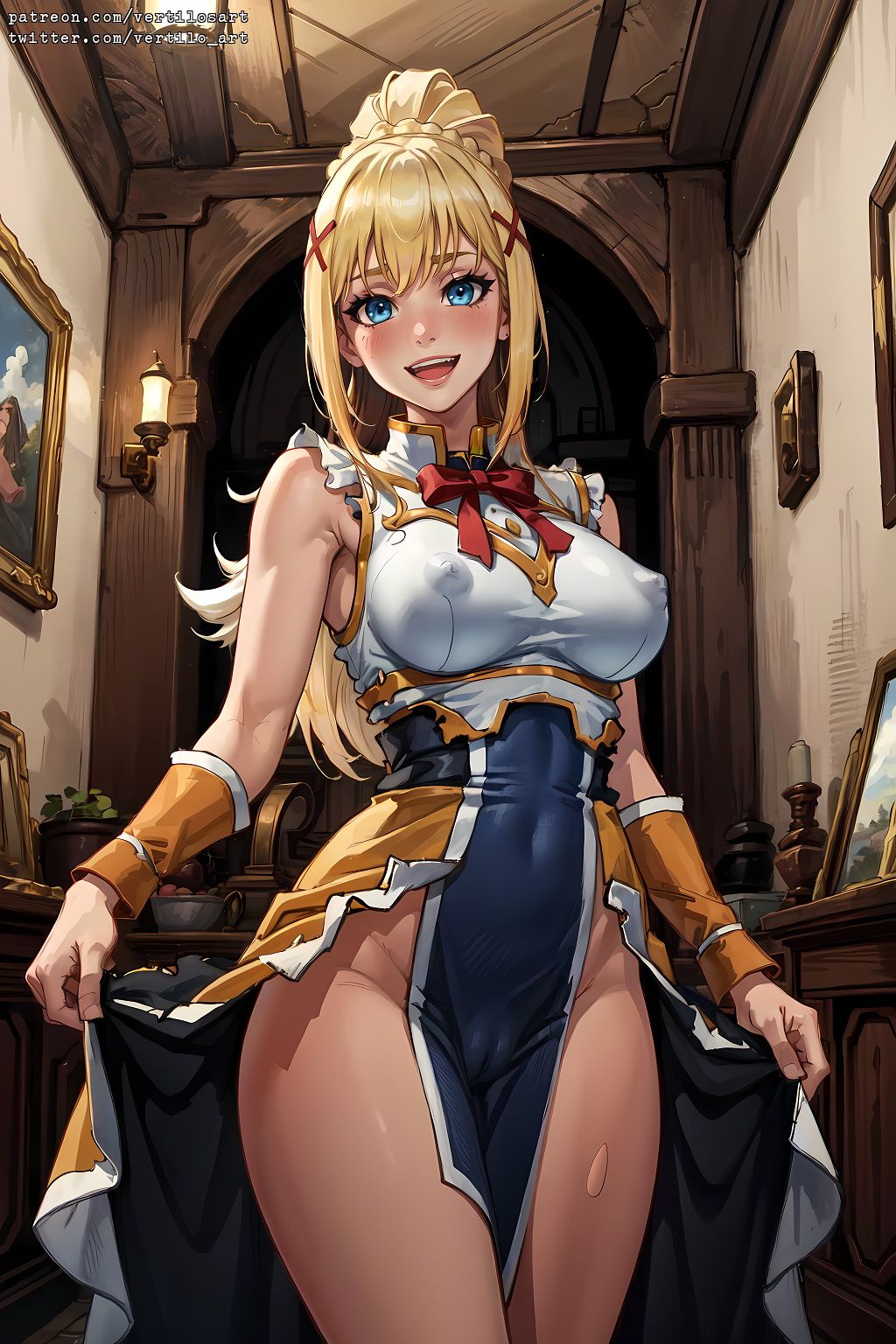 1girls, ai generated, blonde hair, breasts, cameltoe, covered nipples, darkness (konosuba), dress, female, female only, kono subarashii sekai ni shukufuku wo!, large breasts, long hair, mommy, perky breasts, perky nipples, pussy, solo, standing, tagme, vertiloart