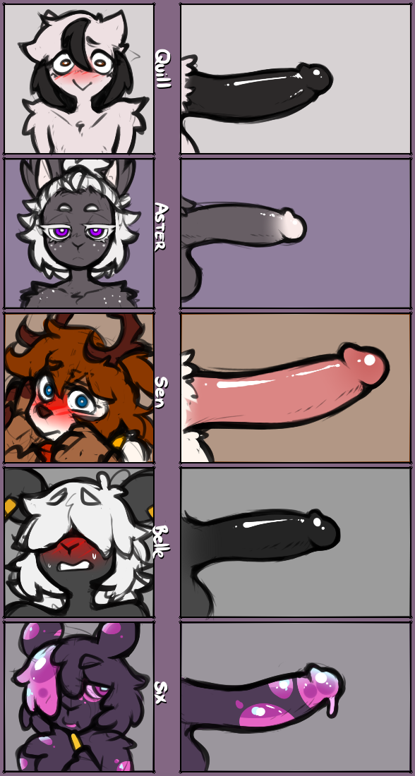 anthro aster_(mewgle) avian balls belle_(mewgle) bird blush bodily_fluids bovid brown_eyes brown_hair caprine deer erection eyes_obscured female futanari genitals glans goo_creature group hair humanoid_genitalia humanoid_penis lagomorph leporid male mammal mewgle new_world_deer penis penis_size_chart purple_eyes quill_(mewgle) rabbit reindeer sen_(mewgle) sheep six_(mewgle) sweat sweatdrop