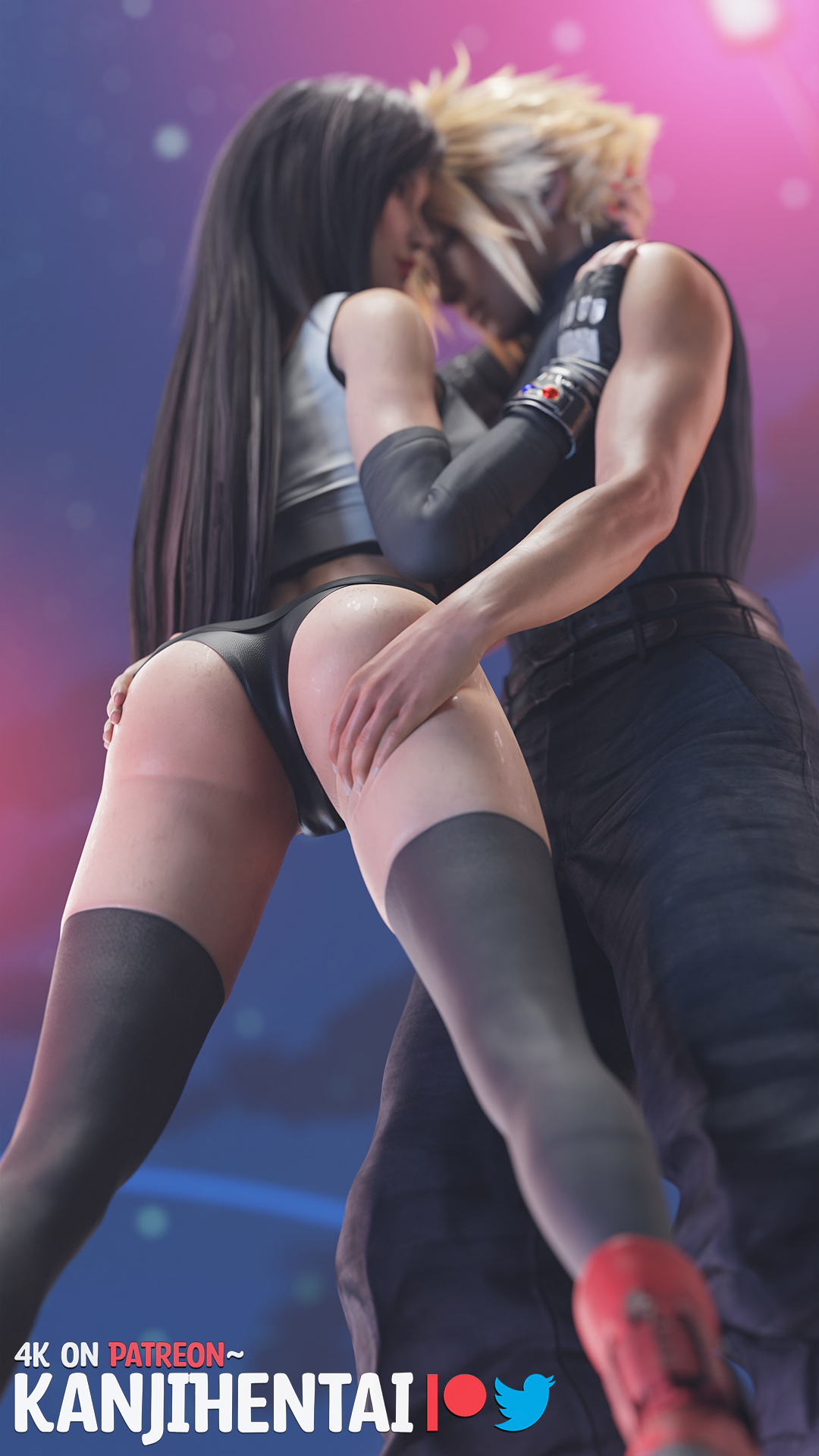 3d, ass, ass focus, ass grab, black hair, cloud, cloud strife, female, final fantasy, final fantasy vii, final fantasy vii remake, from below, gloves, kanjihentai, long hair, looking back, panties, petite, thighhighs, tifa lockhart, viewed from below