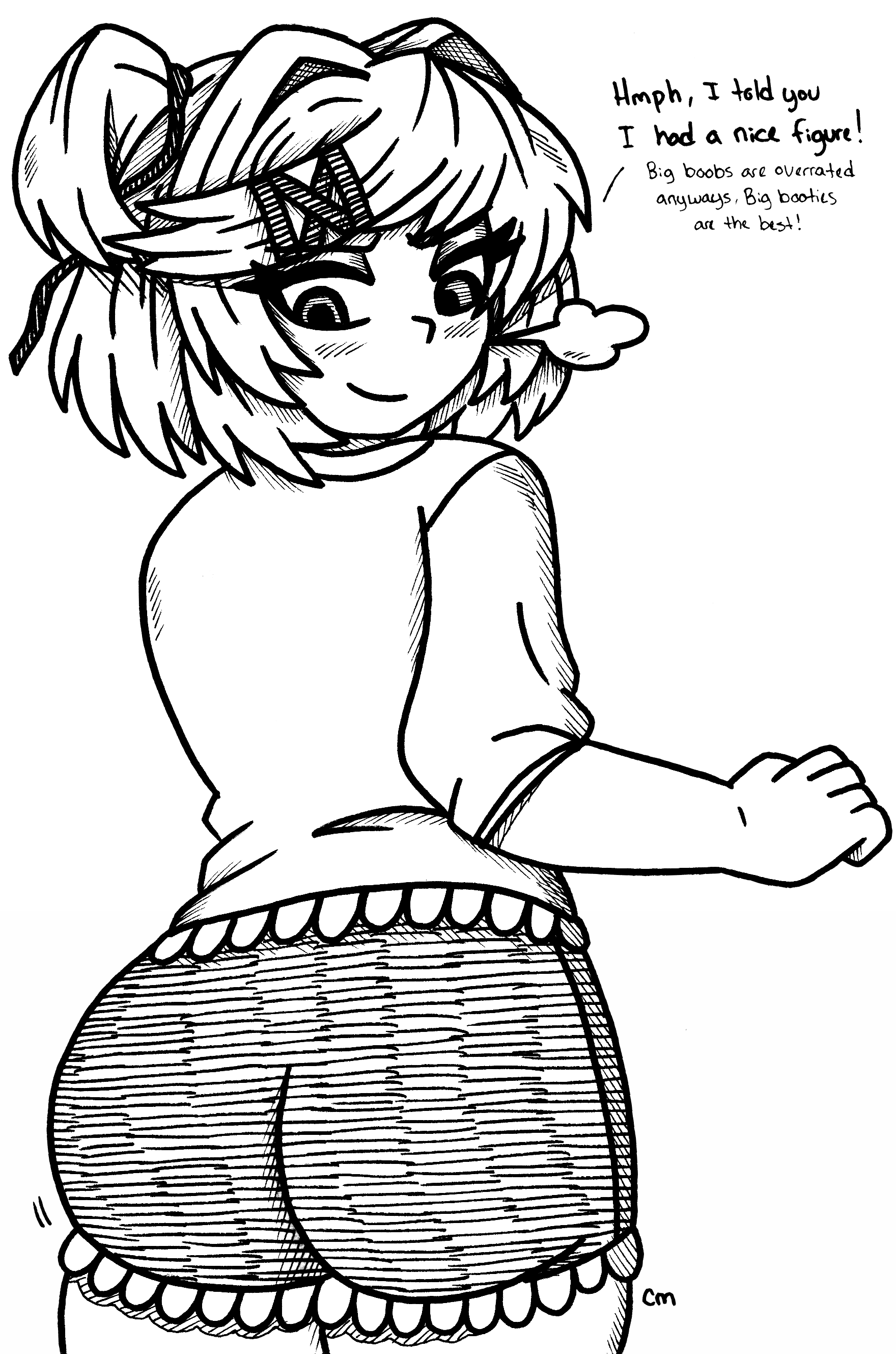 1female 1girls 5_fingers ass booty_shorts clothed clothes clothing dumpy english_text female hair_intakes inky_sketchy motion_lines shorts smug smug_face smug_grin text