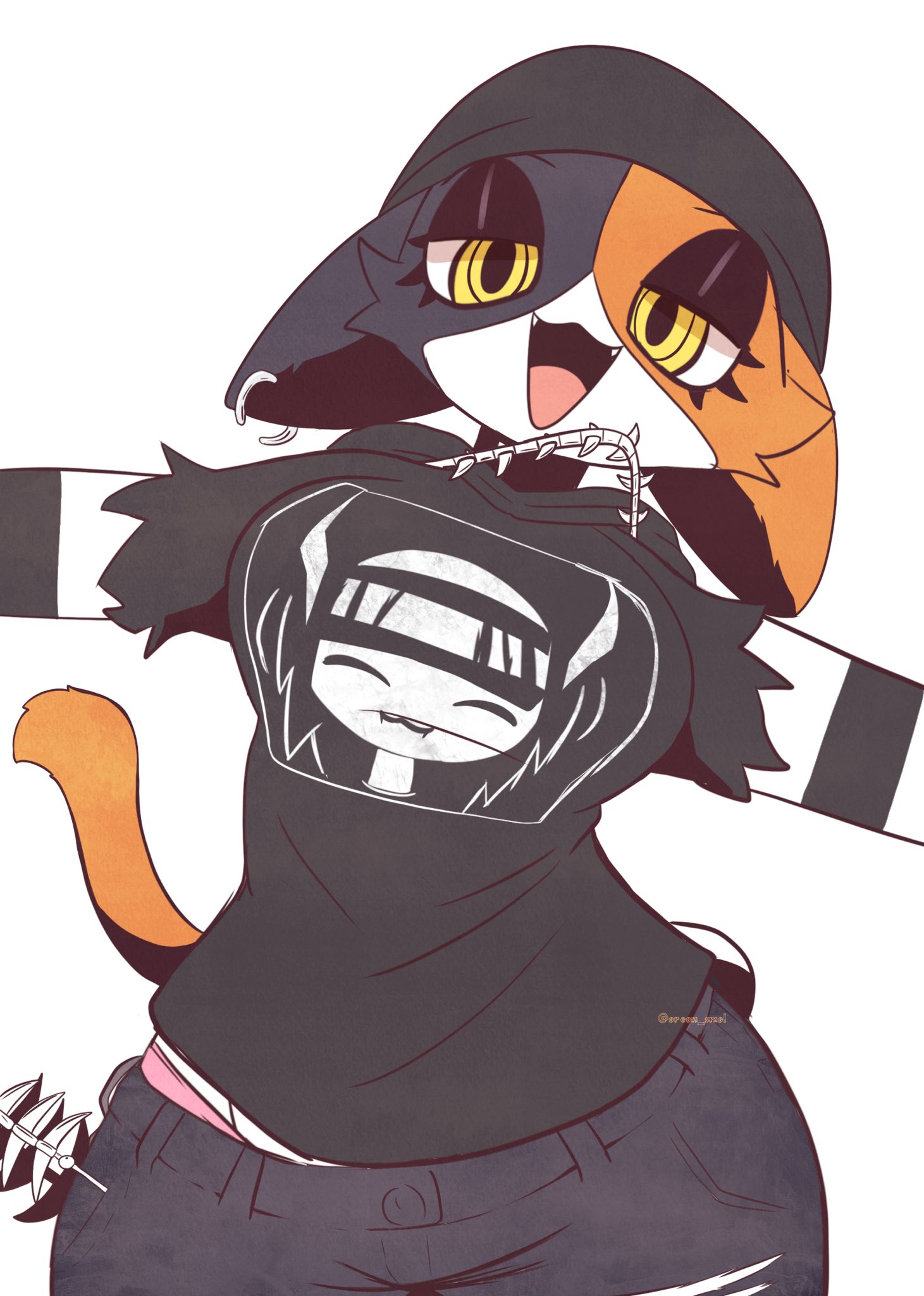 anthro, beanie, big breasts, black eyeshadow, breasts, cat humanoid, curvy, ear piercing, emo, female, fortnite, goth, meow skulls (fortnite), oreon smol, sfw, tagme, yellow eyes