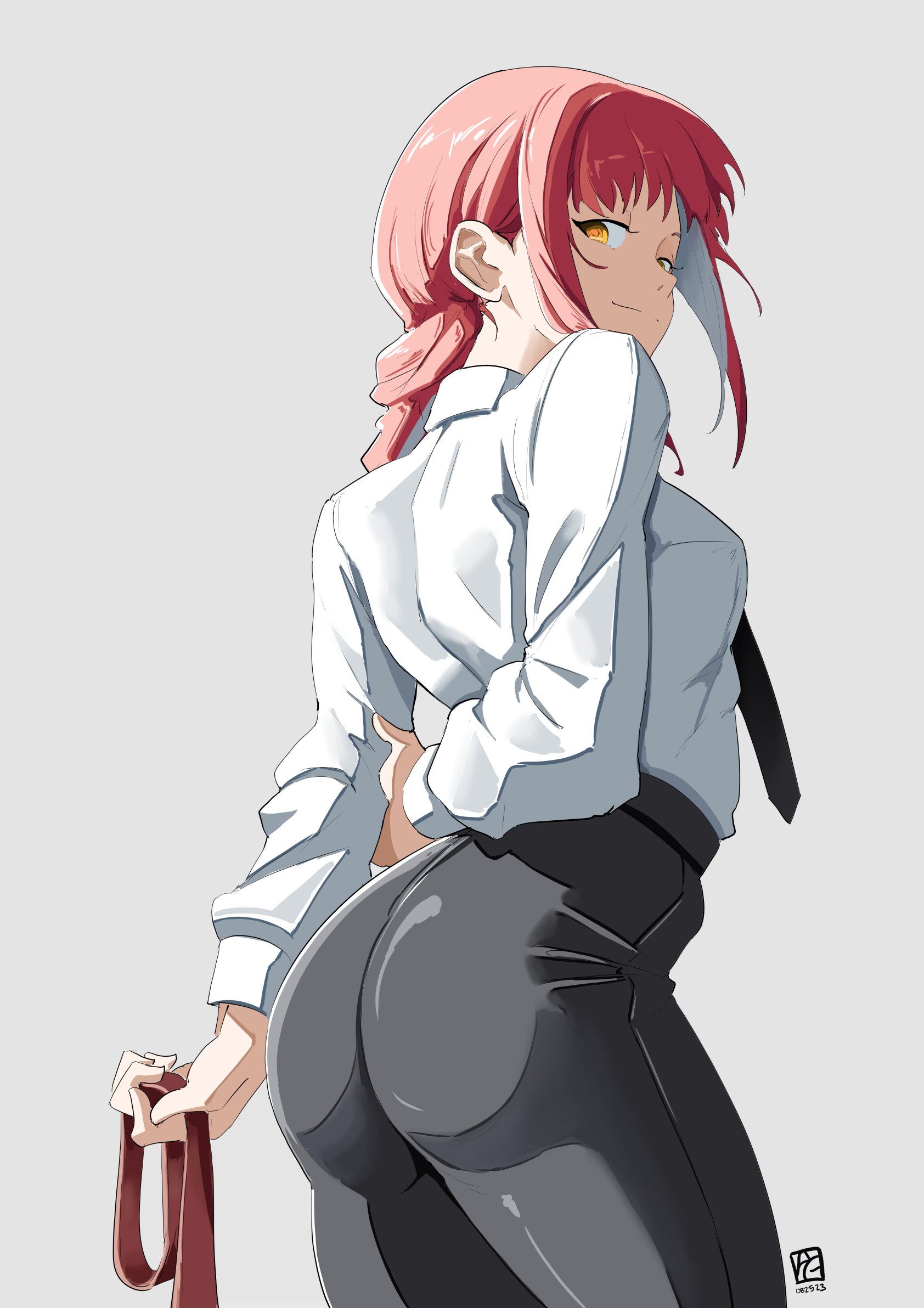 1girls, ass, ass focus, automatic giraffe, behind, behind view, big ass, big butt, braid, braided hair, braided ponytail, chainsaw man, clothed, fat ass, female, female only, fully clothed, hand behind back, holding leash, large ass, large butt, leash, looking at viewer, looking back, makima (chainsaw man), red hair, shounen jump, spiral eyes, thick, thick ass, tight clothing, tight pants, yellow eyes