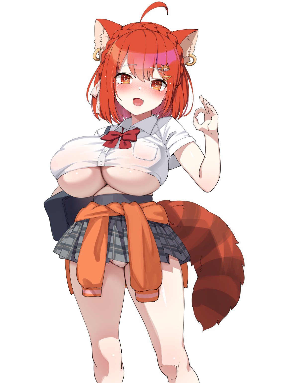 amber_eyes bowtie braided_hair cat_ears clothes_around_waist cute cute_fang erotic_costume full-face_blush gigantic_breasts heart-shaped_pupils jacket_around_waist no_bra ok_sign panties plaid_skirt red_hair school_uniform short_hair short_skirt tanuki_tail thick_thighs thighs underboob upskirt visible_underwear wide_hips