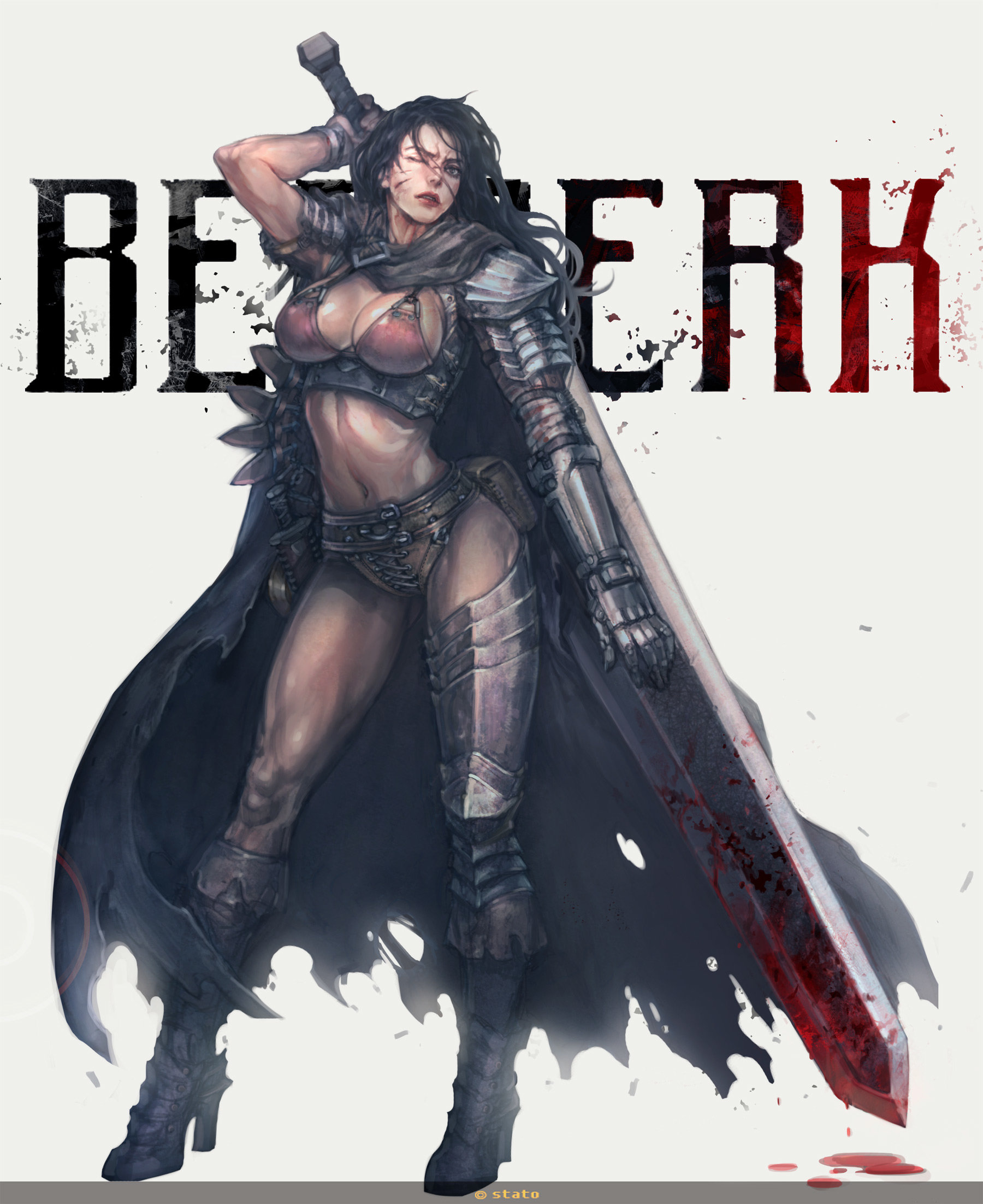 1girls, armor, artist request, berserk, big breasts, black hair, breasts, cape, cleavage, female, female guts, female only, guts (berserk), human, large breasts, light skin, light-skinned female, long hair, rule 63, solo, sword, tagme