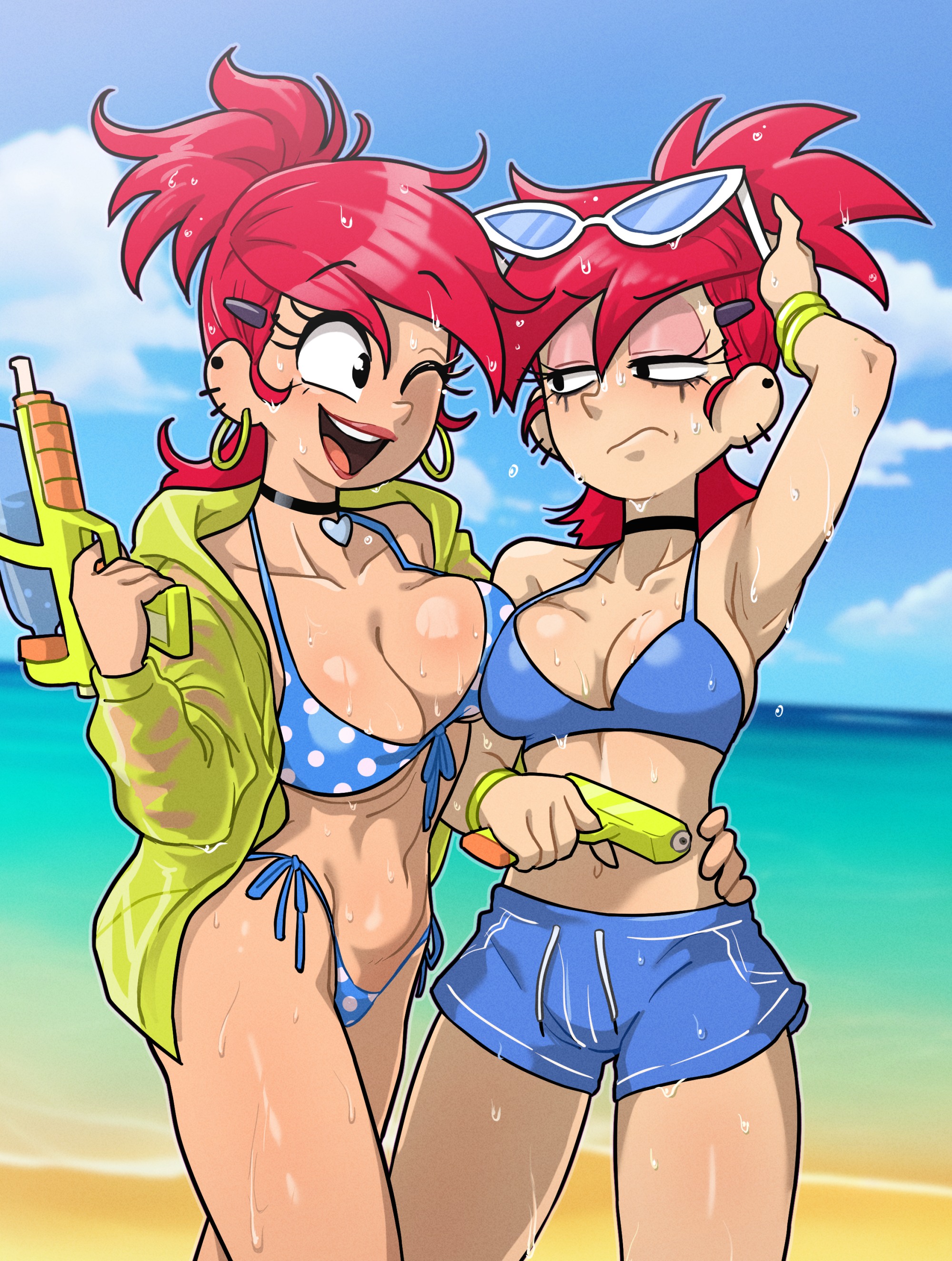 2d, 2girls, armpits, beach, bikini, centinel303, clone, female, foster's home for imaginary friends, frankie foster, high resolution, imaginary frankie, ponytail, red hair, teenager, teeth