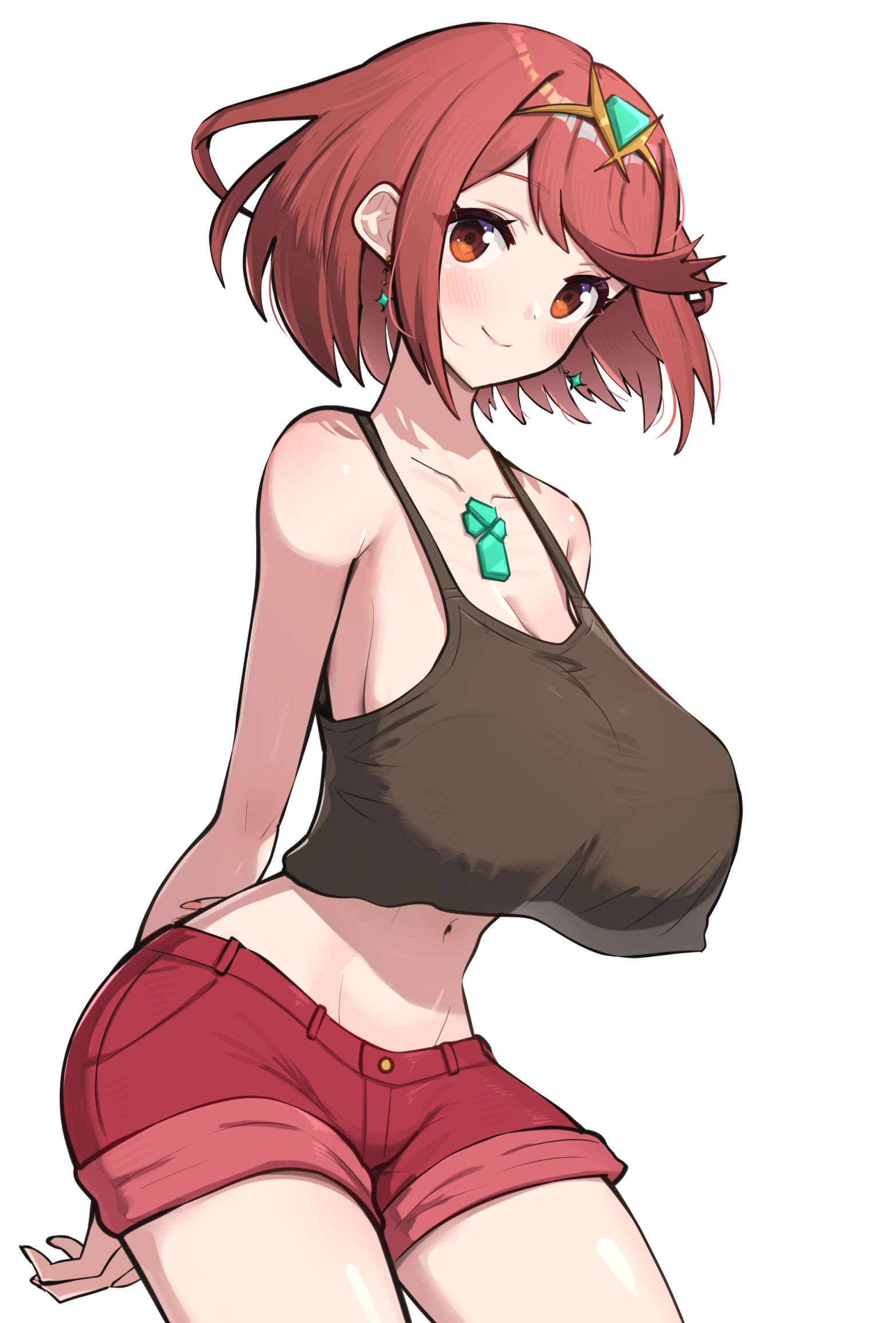 1girls, booty shorts, breasts, cleavage, core crystal, female, gonzarez, huge breasts, light skin, light-skinned female, nintendo, pyra, red eyes, red hair, short hair, short shorts, shorts, tank top, xenoblade (series), xenoblade chronicles 2