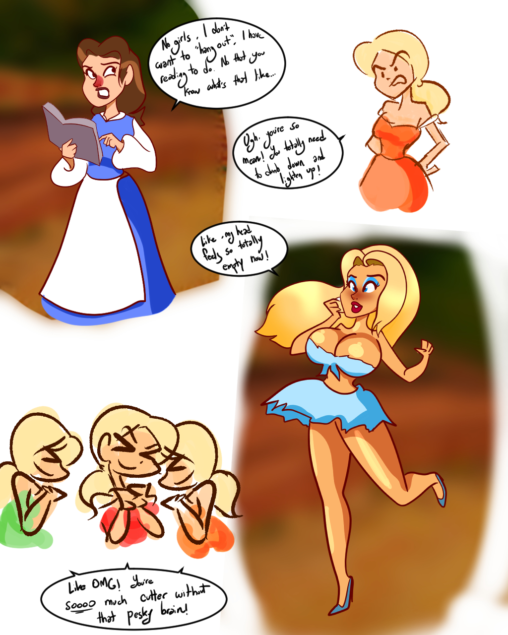 aliciadrawsbecause beauty_and_the_beast before_and_after belle bimbo bimbofication blonde_hair brain_drain breast_expansion claudette_(red) comic disney disney_princess english_text femsub laurette_(yellow) paulette_(green) text the_bimbettes the_triplets transformation