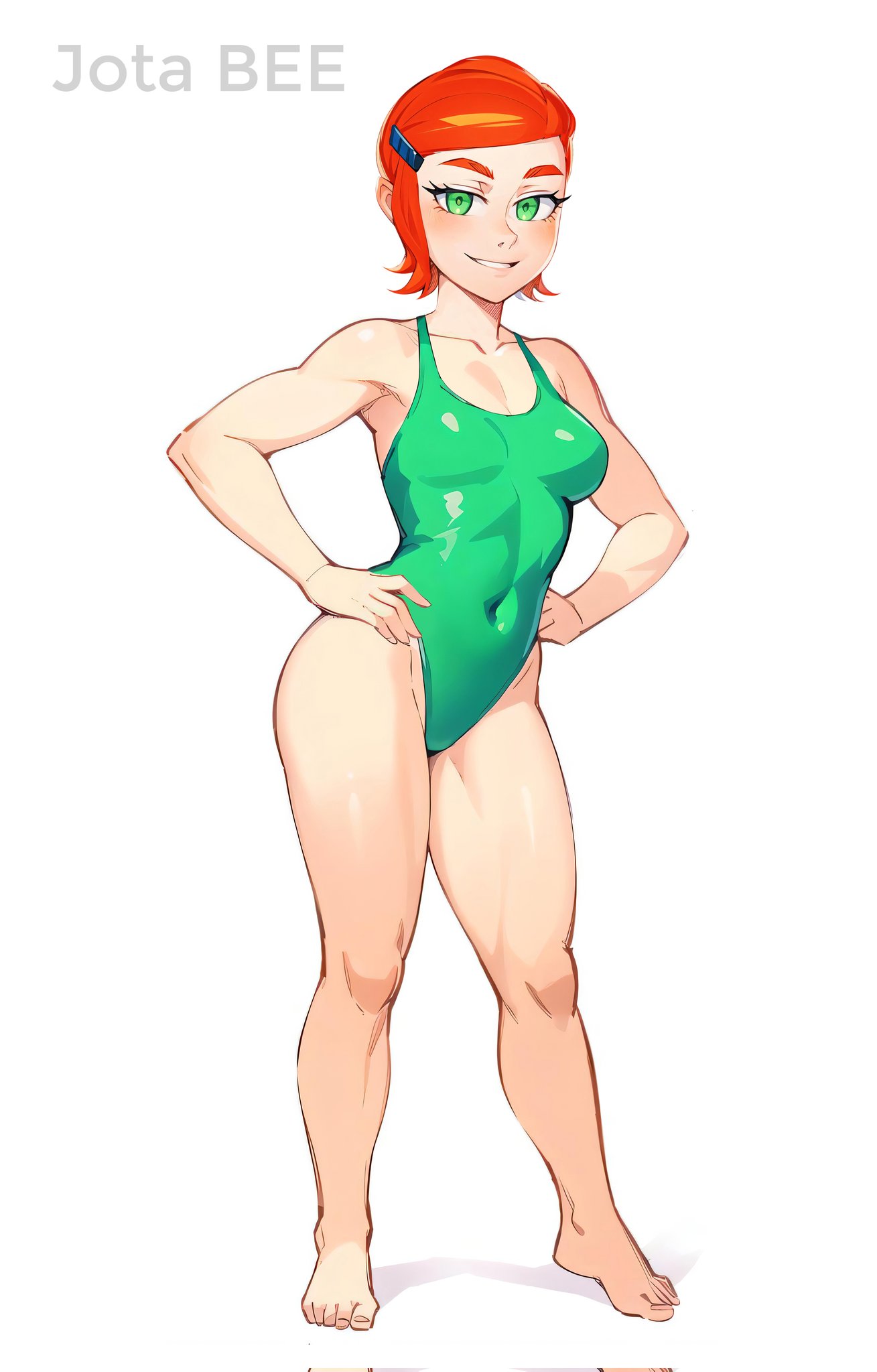 1girls ben_10 female female_only green_eyes green_swimsuit gwen_tennyson high_cut_swimsuit jotabee one-piece_swimsuit orange_hair red_hair redhead short_hair solo swimsuit