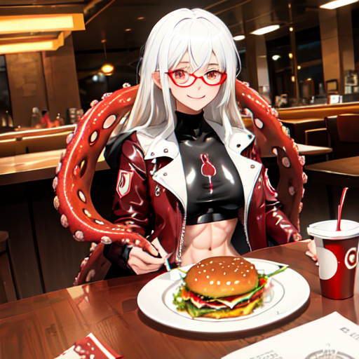 1girls ai_generated date diner dinner dinner_date eldritch_horror girlfriend glasses hamburger latex latex_shirt leather leather_jacket monster_girl muscular_female nemus_waifu_generator original_character red_eyes six_pack smiling_at_viewer tentacle white_hair