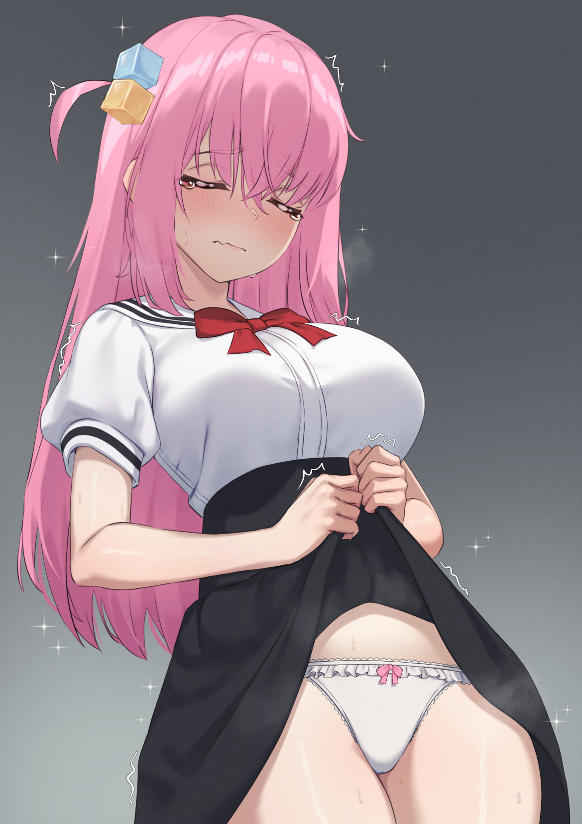 black skirt, bocchi the rock!, closed eyes, clothes lift, female, gotou hitori, kangbus, panties, pink hair, short sleeves, skirt, skirt lift, solo, tearing up, underwear