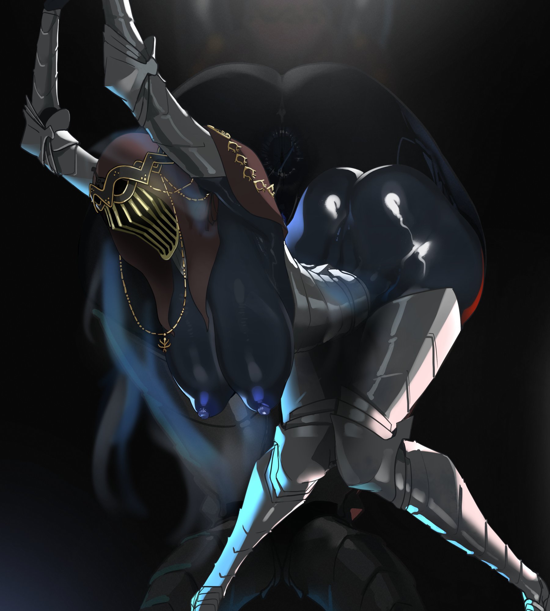 anus, armor, armored female, ass, back view, big ass, big breasts, black body, blue areola, breasts, dancer of the boreal valley, dark souls, dark souls 3, digital media (artwork), female, fromsoftware, hanging breasts, huge breasts, humanoid, knees together feet apart, legs together, mdthetest, monochrome, necklace, partially clothed, puffy anus, questionable consent, solo, tall, tall female