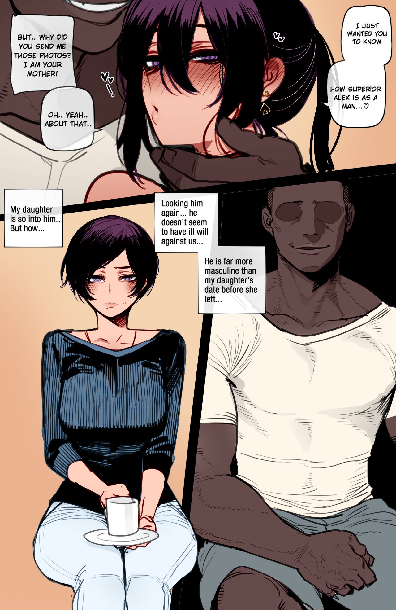 asian female, blush, blushing, color, color edit, colored, comic, dark skin, dark-skinned male, dialogue, doujinshi, edit, english text, female, japanese female, japanese mom, light skin, light-skinned female, male, mature, mature female, milf, mother and daughter, mr.skull, muscular, muscular male, original, ratatatat74, short hair, text, third-party edit