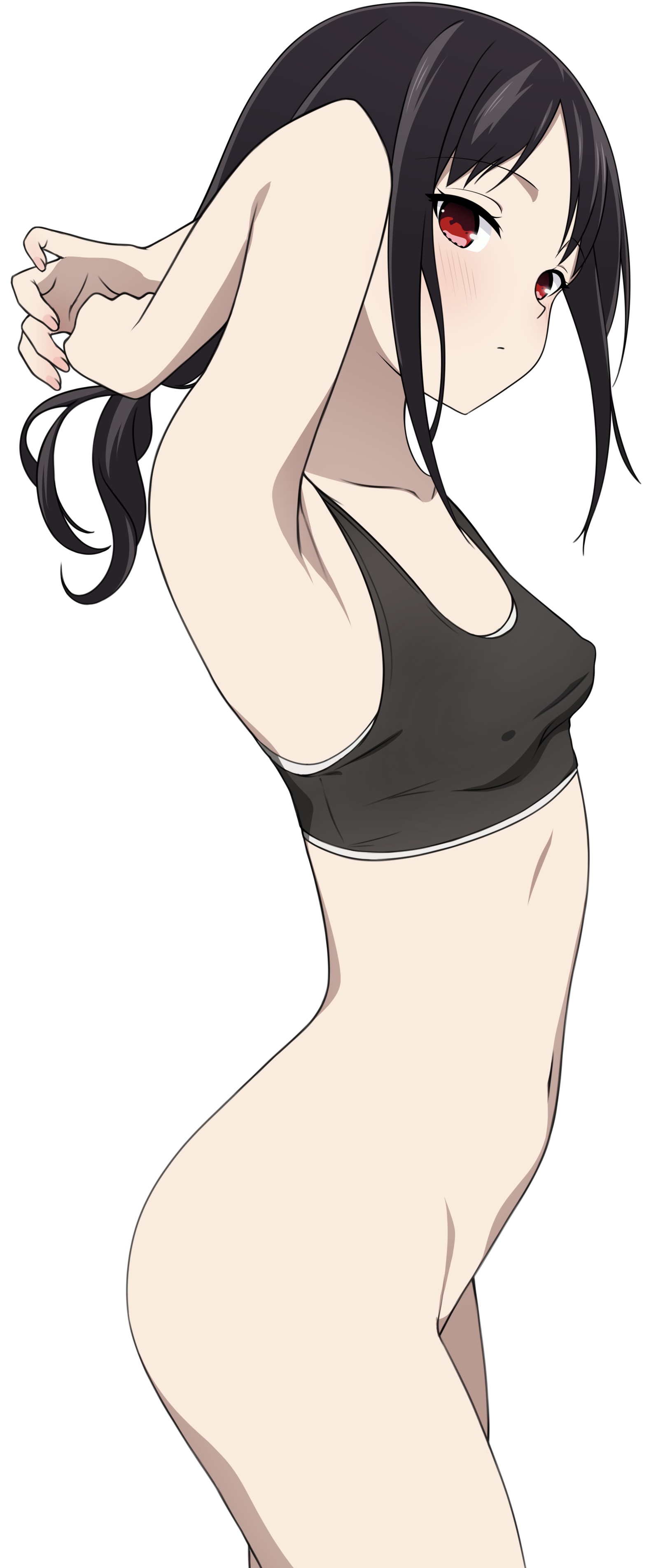 1girls, accurate art style, armpits, arms up, ass, black hair, blush, bottomless, bra, breasts, coro fae, female, kaguya-sama wa kokurasetai ~tensai-tachi no renai zunousen~, midriff, no panties, official style, red eyes, shinomiya kaguya, side view, small breasts, solo, sports bra