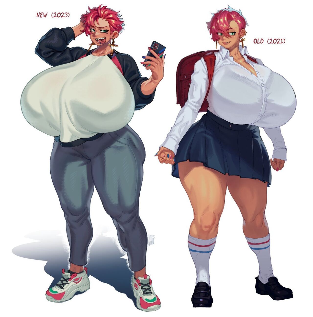 1girls ass backpack big_ass big_breasts breasts comparison crucifix earrings eigaka female female_focus female_only fully_clothed giant_breasts gigantic_breasts huge_ass huge_breasts hyper hyper_breasts impossible_clothes kneesocks massive_breasts nell_(eigaka) pink_hair short_hair skirt smile solo tongue tongue_out