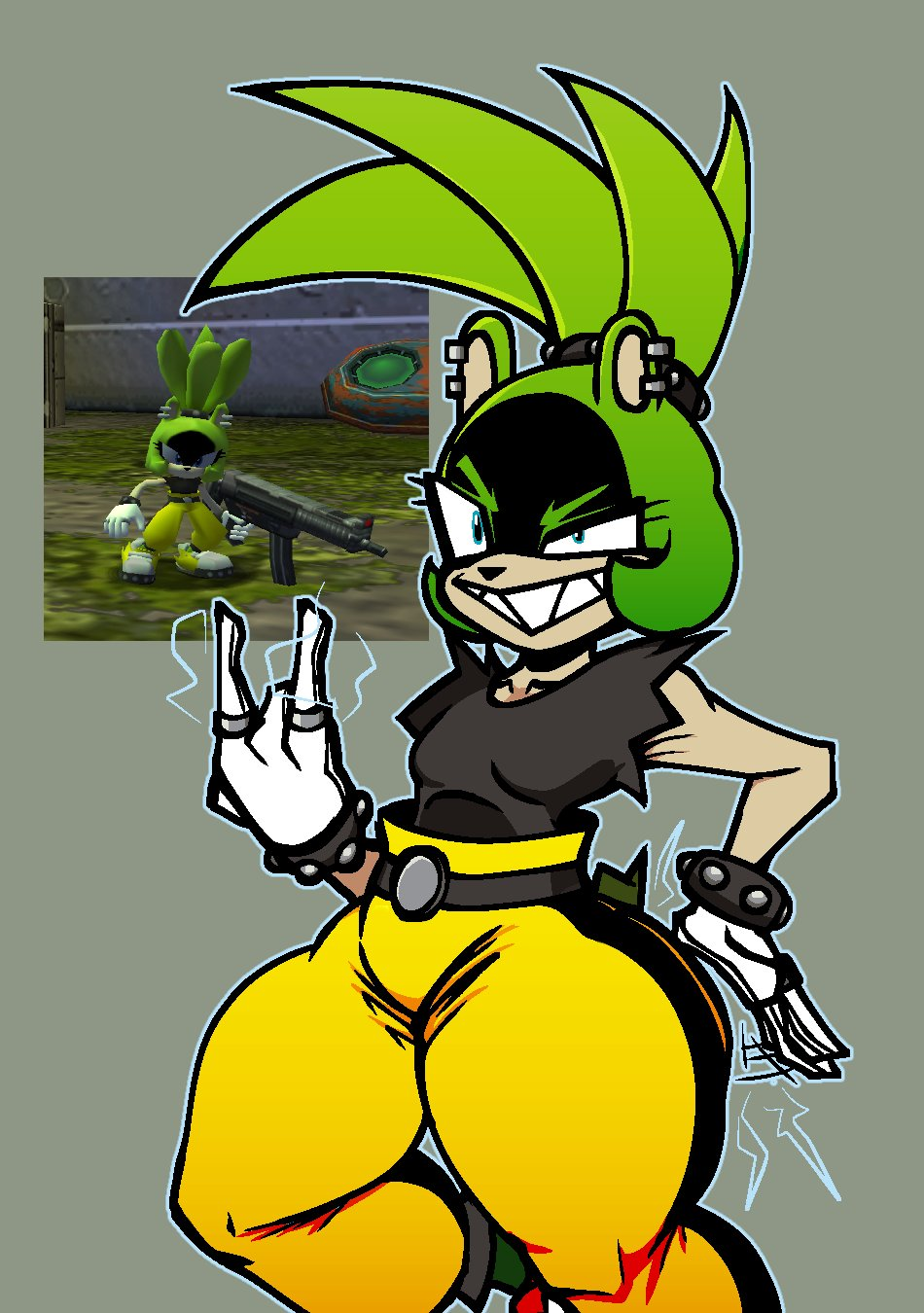 1girls belt belt_buckle bottom_heavy electricity female female_only gloves green_body green_fur gun nanodude78 reference_image sharp_teeth solo sonic_(series) sonic_the_hedgehog_(comics) sonic_the_hedgehog_(idw) sonic_the_hedgehog_(series) surge_the_tenrec tagme yellow_pants