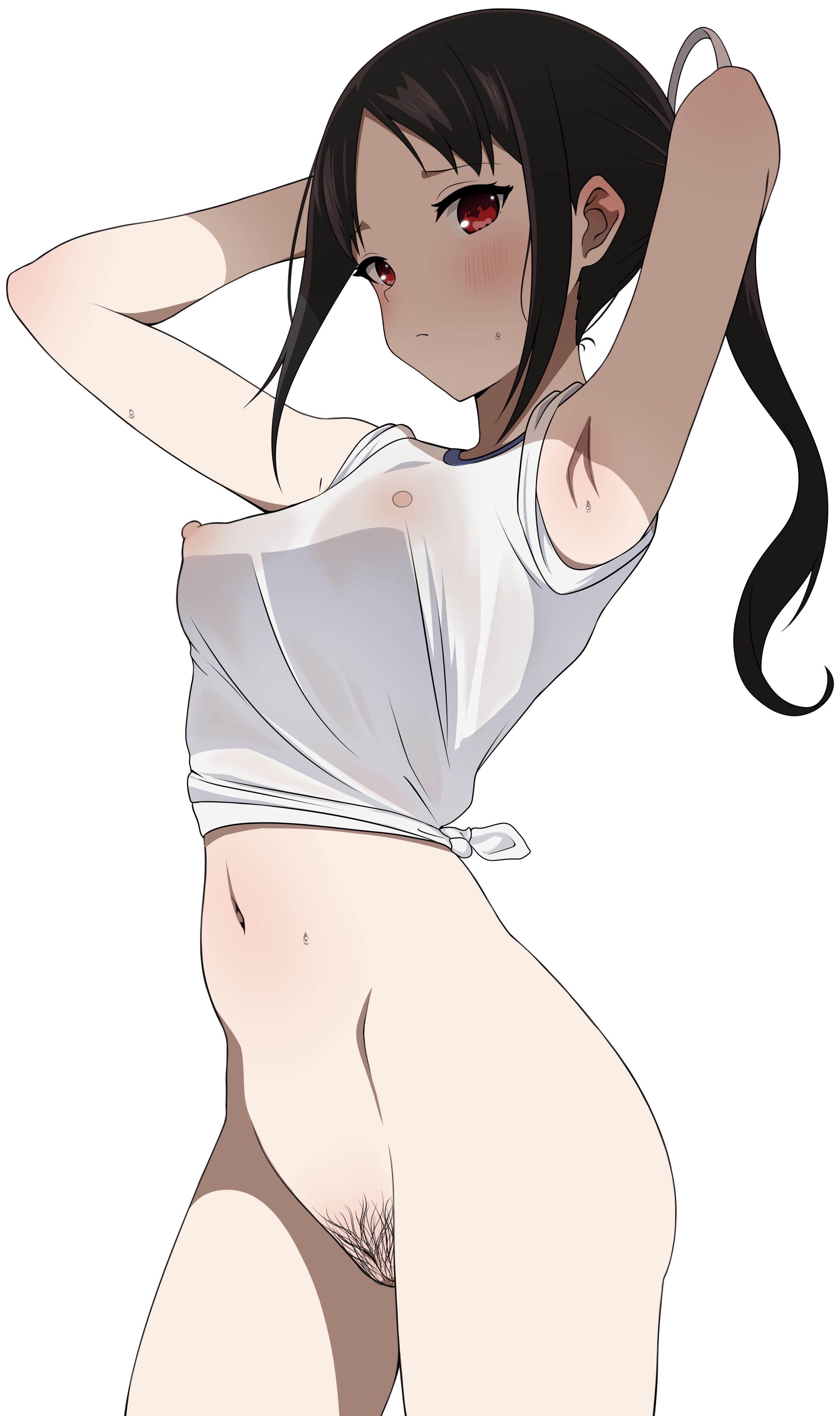 1girls, accurate art style, armpits, arms up, black hair, blush, bottomless, breasts, coro fae, female, hairy, hairy pussy, kaguya-sama wa kokurasetai ~tensai-tachi no renai zunousen~, nipples, no bra, official style, ponytail, pubic hair, pussy, red eyes, see-through, see-through clothing, shinomiya kaguya, solo, standing, sweat, sweatdrop, tagme, wet, wet body, wet clothes, wet clothing, wet shirt
