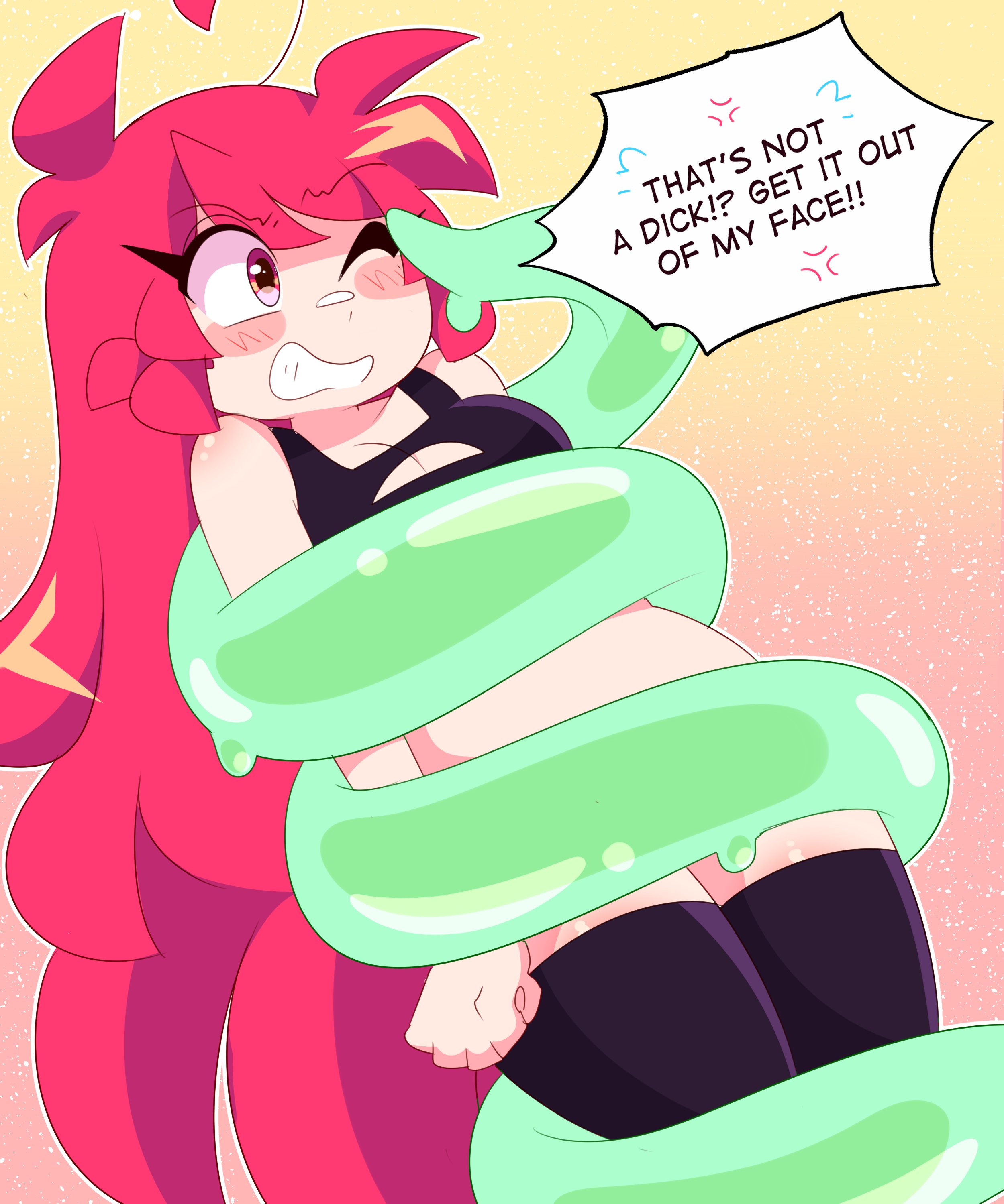 1girls, 1other, ambiguous gender, blush, blush lines, blushing profusely, female, female focus, human, lee (secretnarcissist), leggings, long hair, long-haired female, one eye closed, one eye open, pink eyes, pink hair, secretnarcissist, slime, slime (substance), slime monster, slimy, slimy tentacles, tentacle, tentacle monster, tentacle rape, tentacle sex, text, text bubble, thigh highs, thigh socks, thighhighs, toony