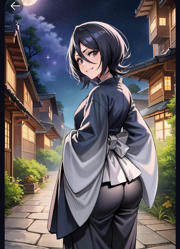1girls, ai generated, bleach, clothed, female, female only, kuchiki rukia, night sky, smiling at viewer, solo, tagme
