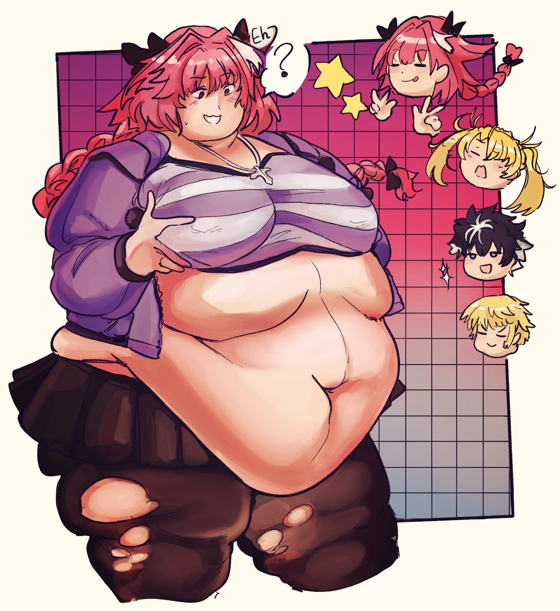 1boy, astolfo (fate), chubby, chubby male, clothed, fat, fate (series), fate/grand order, femboy, girly, lala halal, male, male focus, overweight, pink eyes, pink hair, ripped clothing, skirt, solo, stockings, tagme, torn stockings