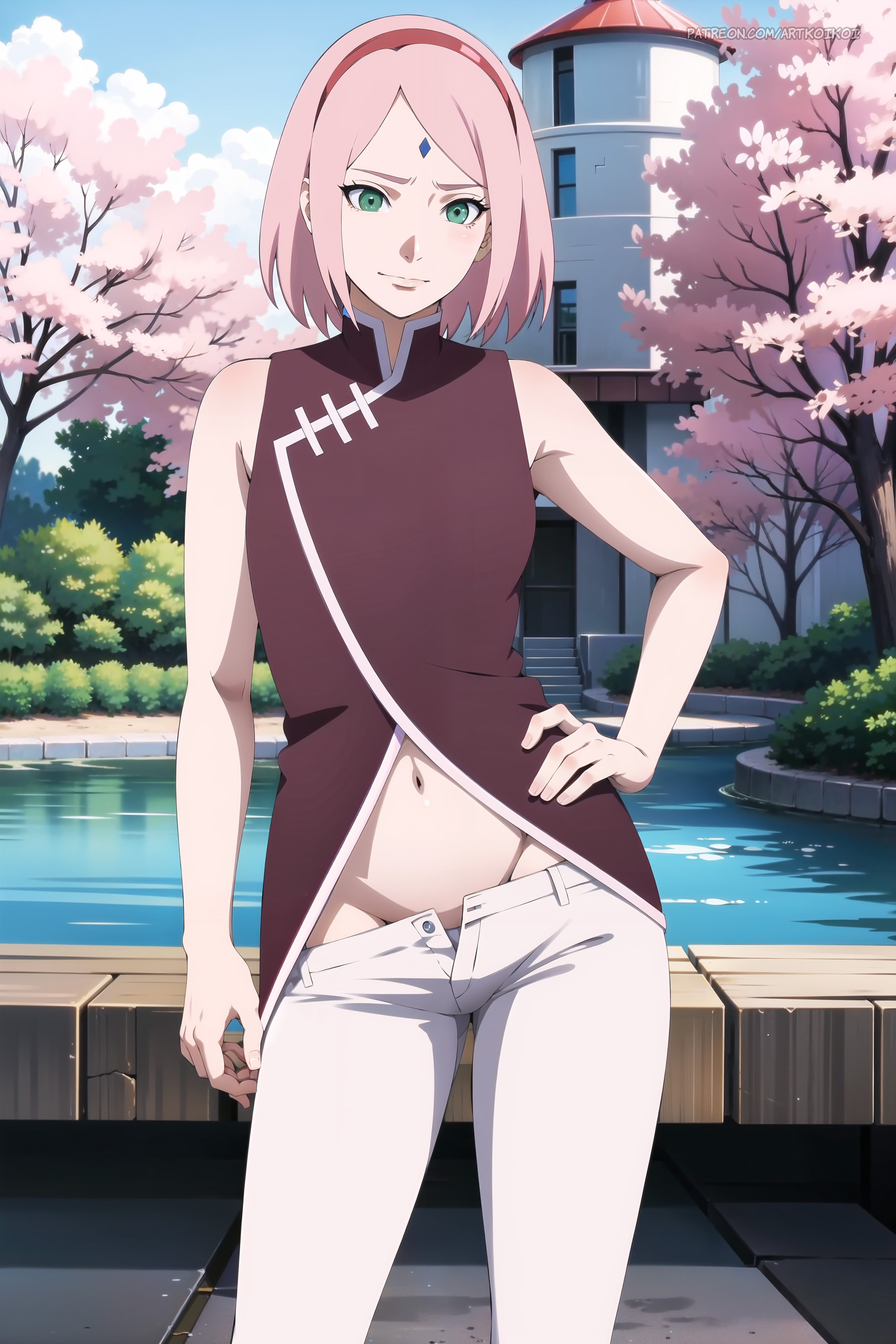 1girls, ai generated, blush, bob cut, boruto: naruto next generations, breasts, cherry blossoms, curvaceous, dress, facial mark, female, female only, forehead mark, hairband, koikoi, light skin, light-skinned female, long hair, looking at viewer, mature, mature female, milf, nai diffusion, naruto, naruto (series), no panties, open pants, outdoors, pale skin, pale-skinned female, pants, parted bangs, petite, sakura haruno, solo, solo focus, stable diffusion, standing, unbuttoned, unbuttoned pants