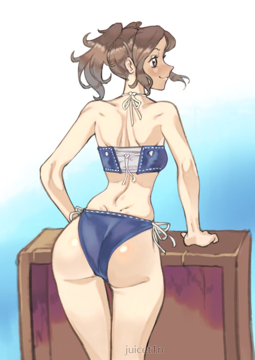 1girls alternate_costume artist_signature ass big_ass bikini blank_background blue_bikini blue_swimsuit brown_eyes brown_hair crate cynthia_(fire_emblem) female female_only fire_emblem fire_emblem_awakening juicet1n solo swimsuit