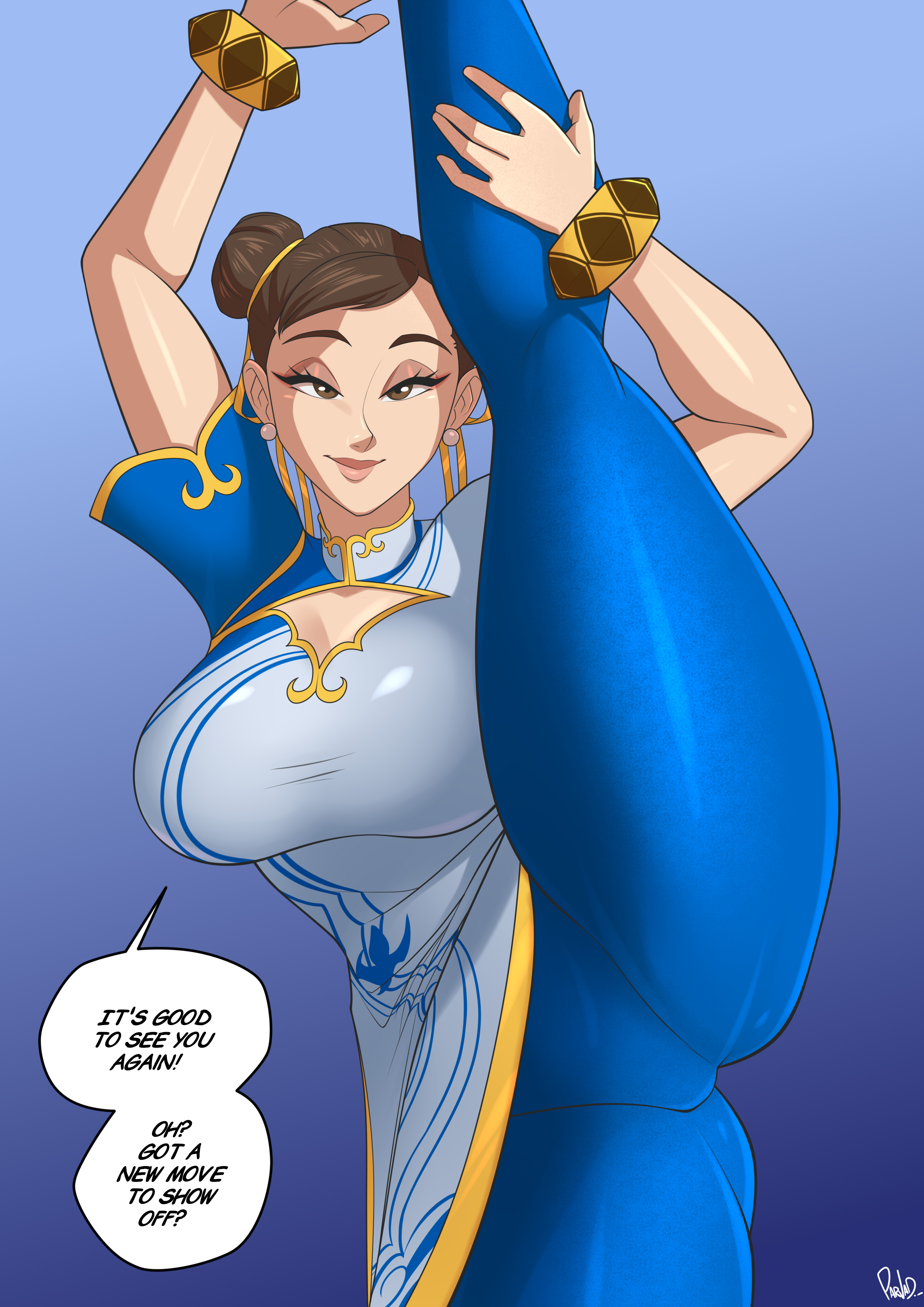 1girls, asian, asian female, athletic, athletic female, before sex, big breasts, bracelet, breasts, brown eyes, brown hair, busty, capcom, center opening, china dress, chinese clothes, chun-li, chun-li (street fighter 6), clothed female, clothing, commentary, double bun, dress, earrings, feet out of frame, female, female focus, flexible, front view, hair bun, hair ornament, hair ribbon, high resolution, huge breasts, leg up, leggings, light skin, light-skinned female, martial artist, mature, mature female, muscular, muscular female, muscular legs, muscular thighs, one leg up, oppai, pants, parvad, ribbon, ribbons, seductive, seductive look, seductive smile, sexually suggestive, splits, standing, standing on one leg, street fighter, street fighter 6, stretching, suggestive, talking, talking to viewer, teasing, text, thick thighs, thighs, twin buns, vertical splits