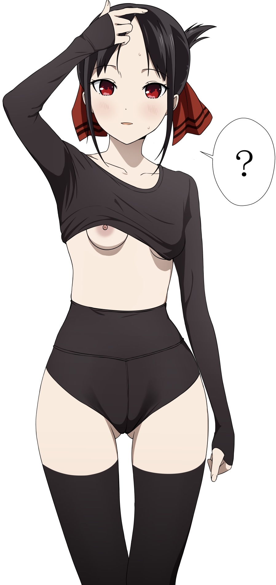 1girls, accurate art style, black hair, blush, breasts, cameltoe, coro fae, exposed breasts, female, female only, hair ribbon, human, kaguya-sama wa kokurasetai ~tensai-tachi no renai zunousen~, official style, pussy, red eyes, shinomiya kaguya, shirt up, short shirt, short shorts, solo, stockings, tight clothing, underboob