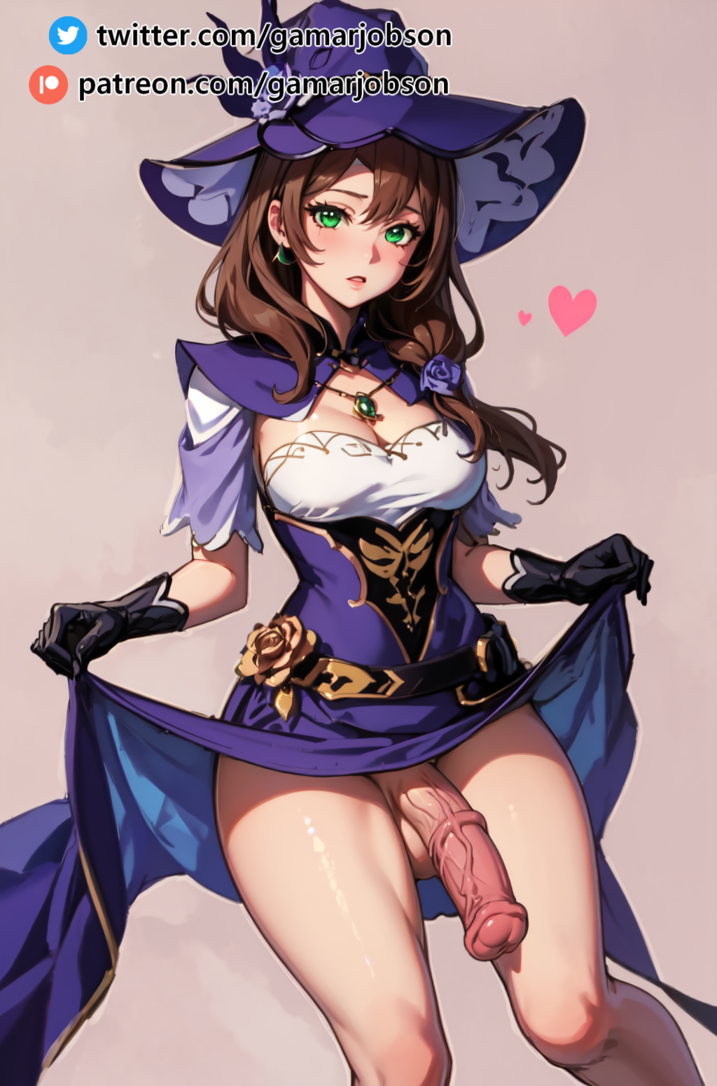 ai_generated futa_only futanari gamarjobson genshin_impact hi_res horse_penis horsecock horsecock_futanari lifting_skirt lisa_(genshin_impact) patreon pink_background purple_hat seductive witch_hat