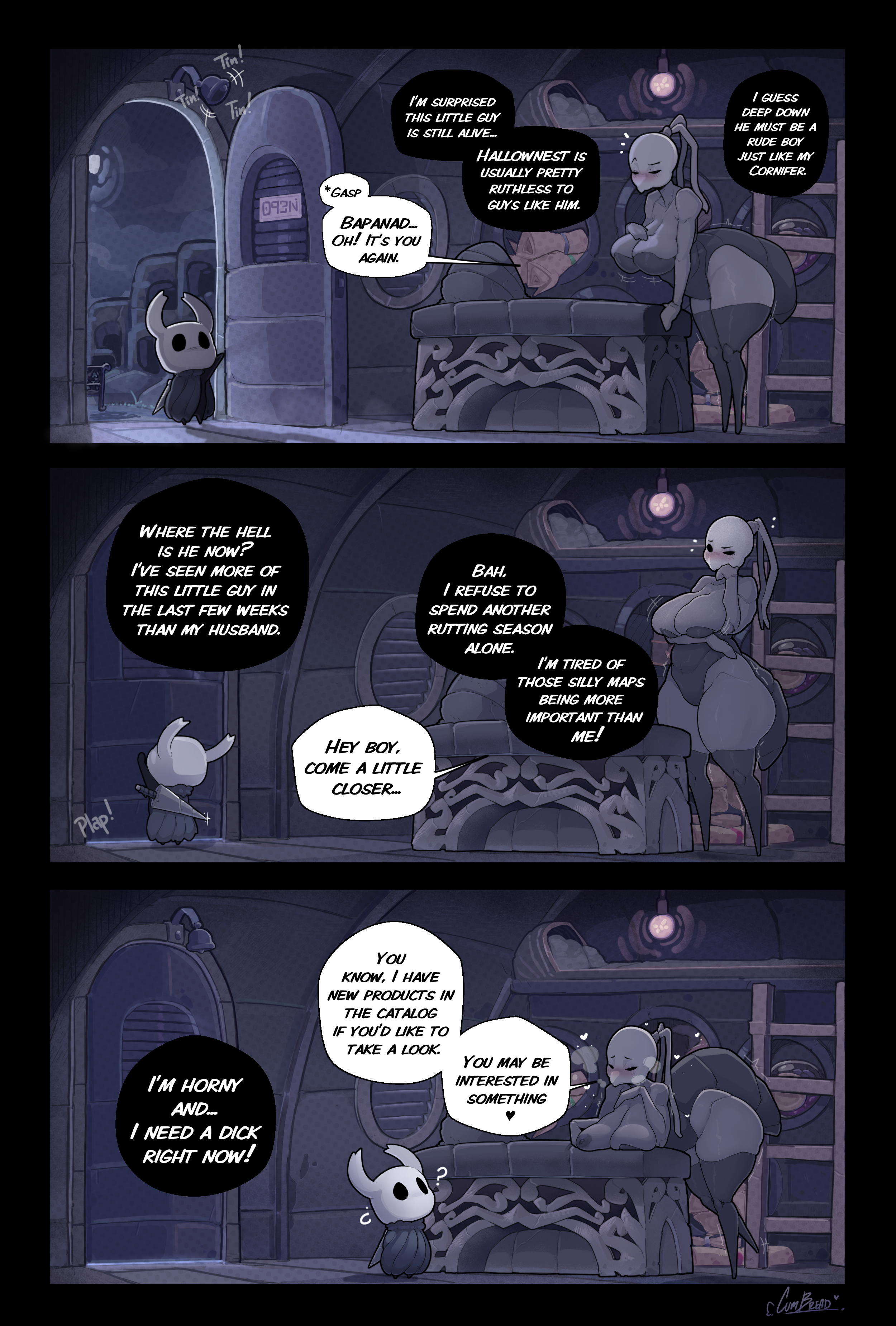 ?, ass, big ass, blush, breasts, comic, cumbread, female, high resolution, highres, hollow knight, huge ass, huge breasts, inviting, iselda (hollow knight), size difference, tagme, the knight (hollow knight), thick thighs, wife