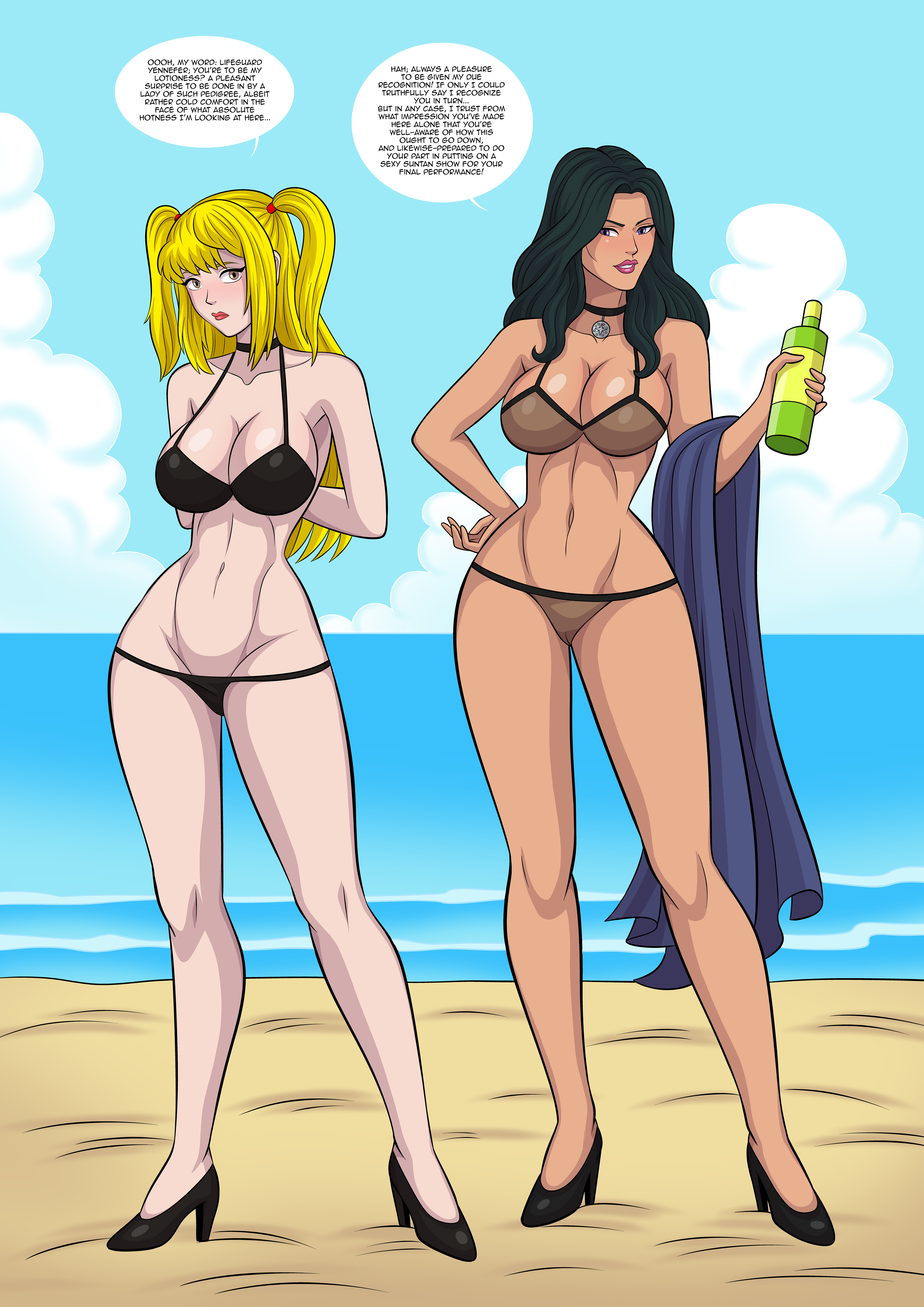 2girls, anoneysnufftan, arabatos, beach, bikini, black bikini, black hair, blonde hair, choker, comic page, crossover, death note, defeated, dialogue, eastern and western character, embarrassed, female, female only, high heels, imminent death, killer lotion, lingerie, long hair, lotion, lotion bottle, misa amane, necklace, ocean, penalty game, peril, sand, seaside, sky, summer, sunscreen, swimsuit, the witcher (series), towel, twintails, undressing, water, yennefer