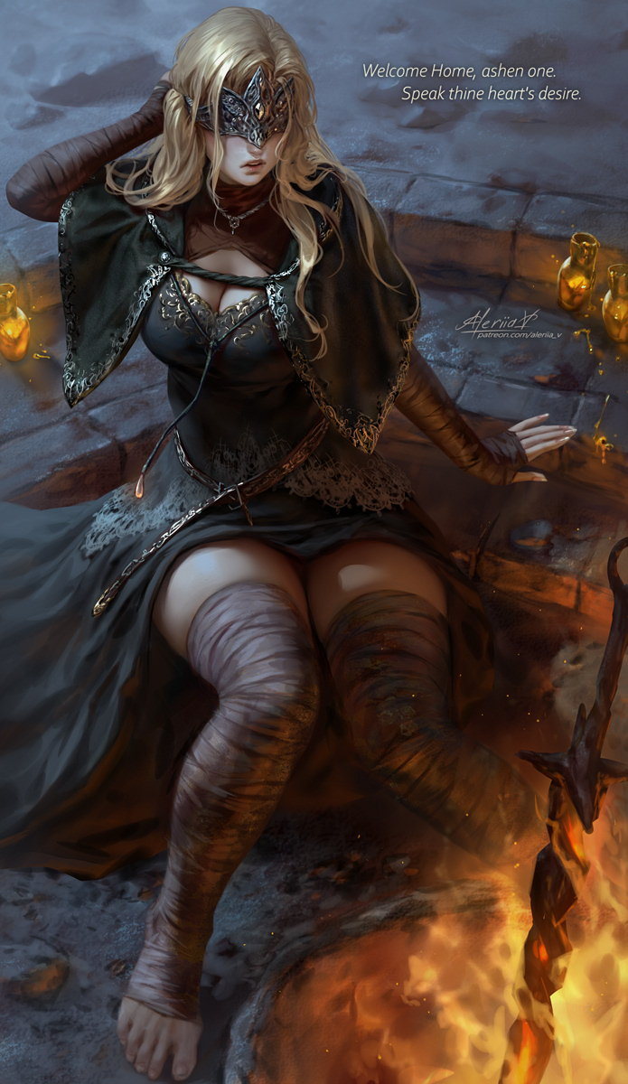 1girls aleriia_v barefoot big_breasts blonde_hair braid cleavage dark_souls dark_souls_3 estus_flask feet female female_only fire_keeper fromsoftware imminent_sex lerapi light-skinned_female light_skin talking_to_viewer thick_thighs toeless_legwear toes upskirt