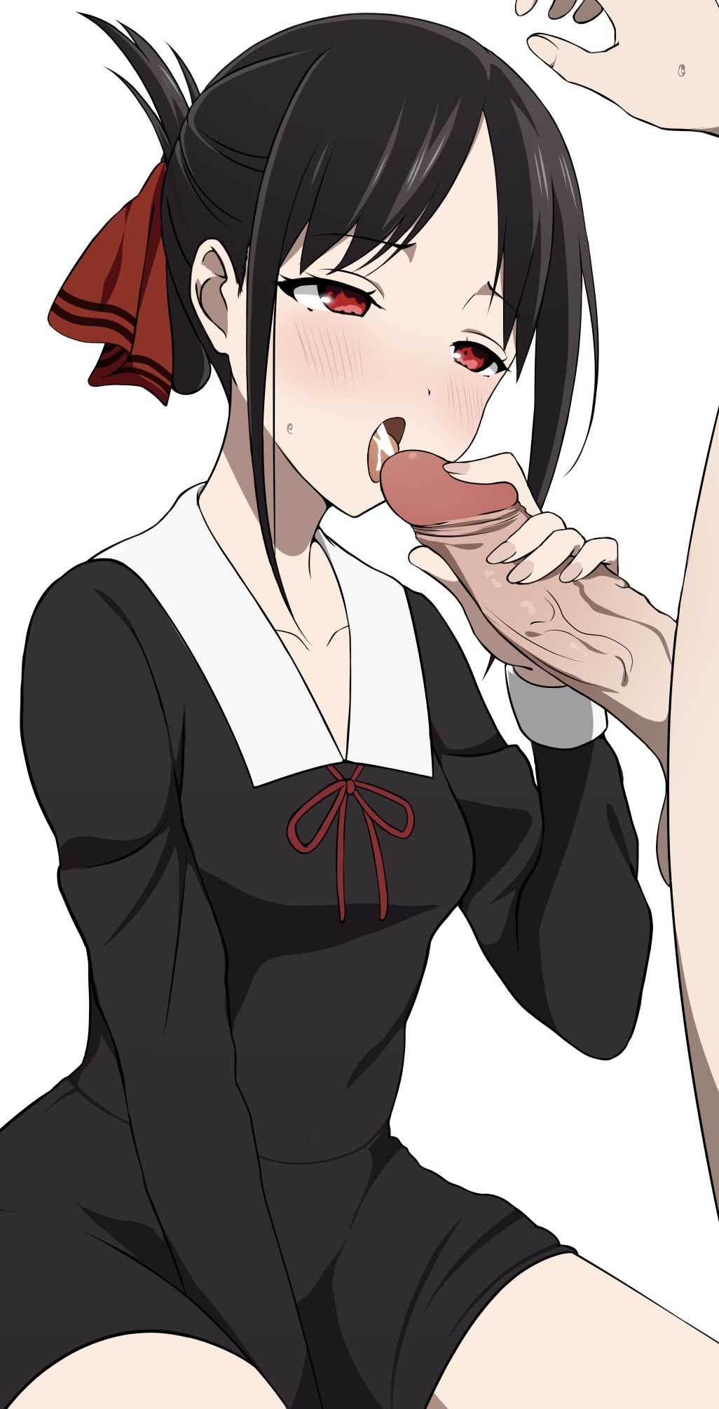 1boy, 1girls, accurate art style, black hair, blush, clothing, coro fae, cum, cum in mouth, cum inside, cumshot, female, handjob, kaguya-sama wa kokurasetai ~tensai-tachi no renai zunousen~, male, official style, open mouth, penis, pleasure face, red eyes, shinomiya kaguya, veiny penis