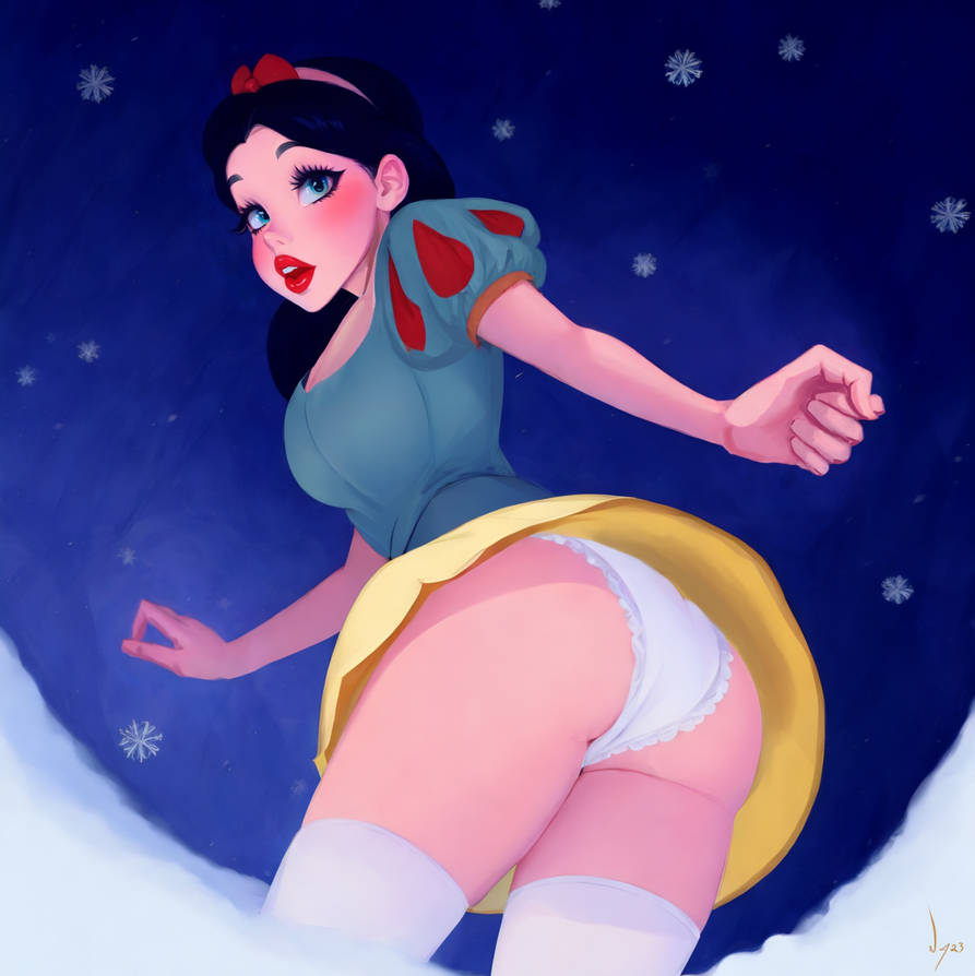 2d, back view, disney, disney princess, female, full color, fully clothed, masterpaintingnowcom, no penetration, panties, skirt lift, snow white (disney), snow white and the seven dwarfs (1937 film), solo, solo female, upskirt, white panties, wind lift
