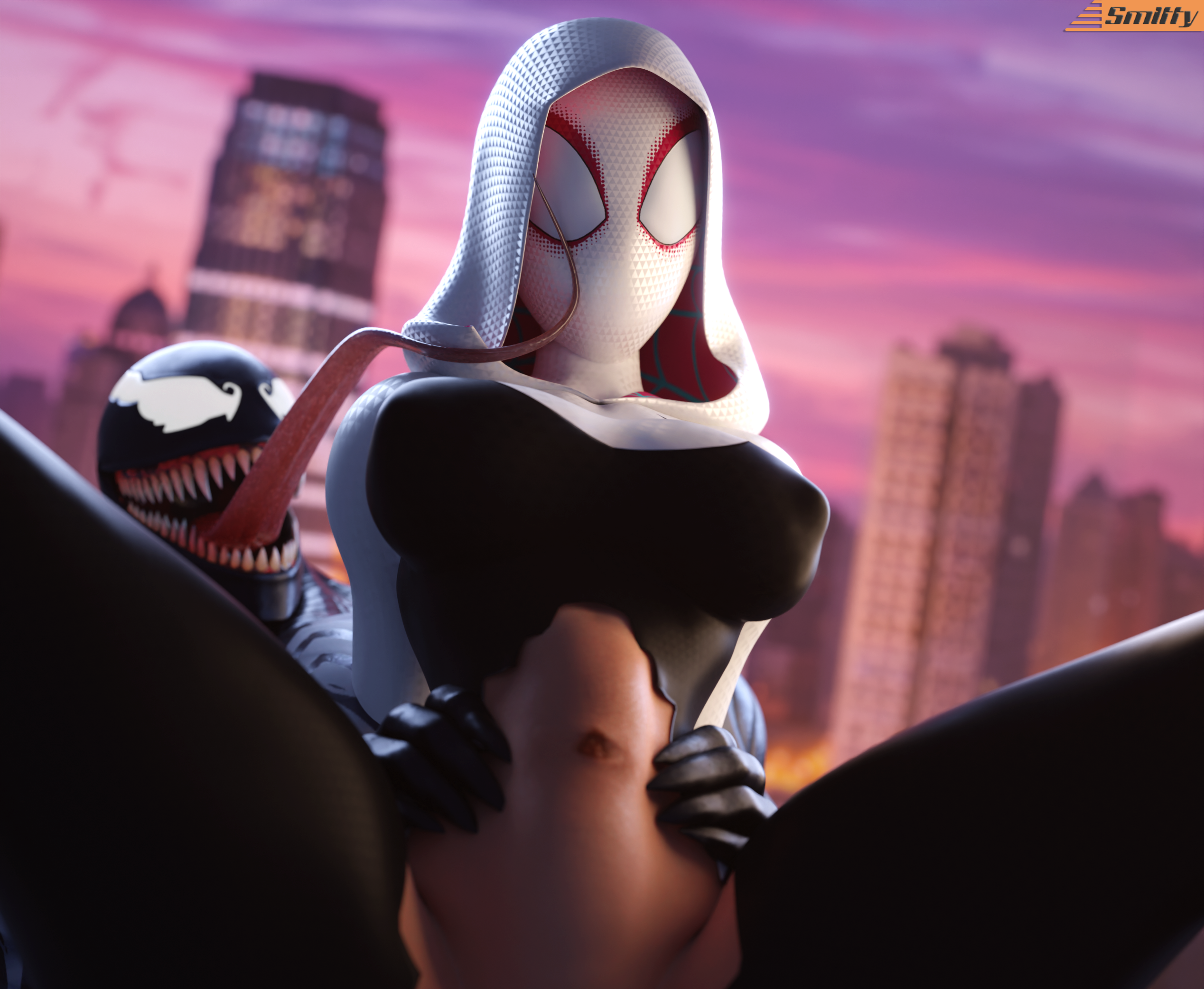 1boy, 1girls, 3d, 3d (artwork), alternate version available, belly bulge, big penis, blonde hair, breasts, erect nipples, female, fucked senseless, fucked silly, gwen stacy, hip grab, huge cock, human, human on humanoid, humanoid, implied sex, interspecies, large breasts, light skin, light-skinned female, male, marvel, marvel comics, mask, meme, mind break, nipples, penis, pussy, reverse cowgirl position, smitty34, spider-gwen, spider-man (series), stomach bulge, straight, symbiote, tagme, vaginal penetration, vaginal sex, venom (marvel)