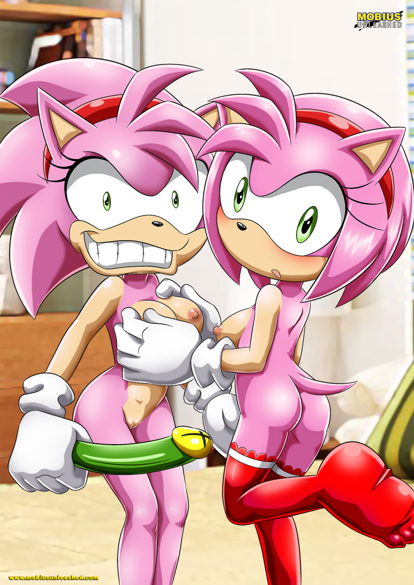 2girls amy_rose ass bbmbbf breasts lesbian mobius_unleashed multiple_girls nipples palcomix pink_hair rosy_the_rascal_(archie) sega selfcest sonic_(series) sonic_the_hedgehog_(series) yuri