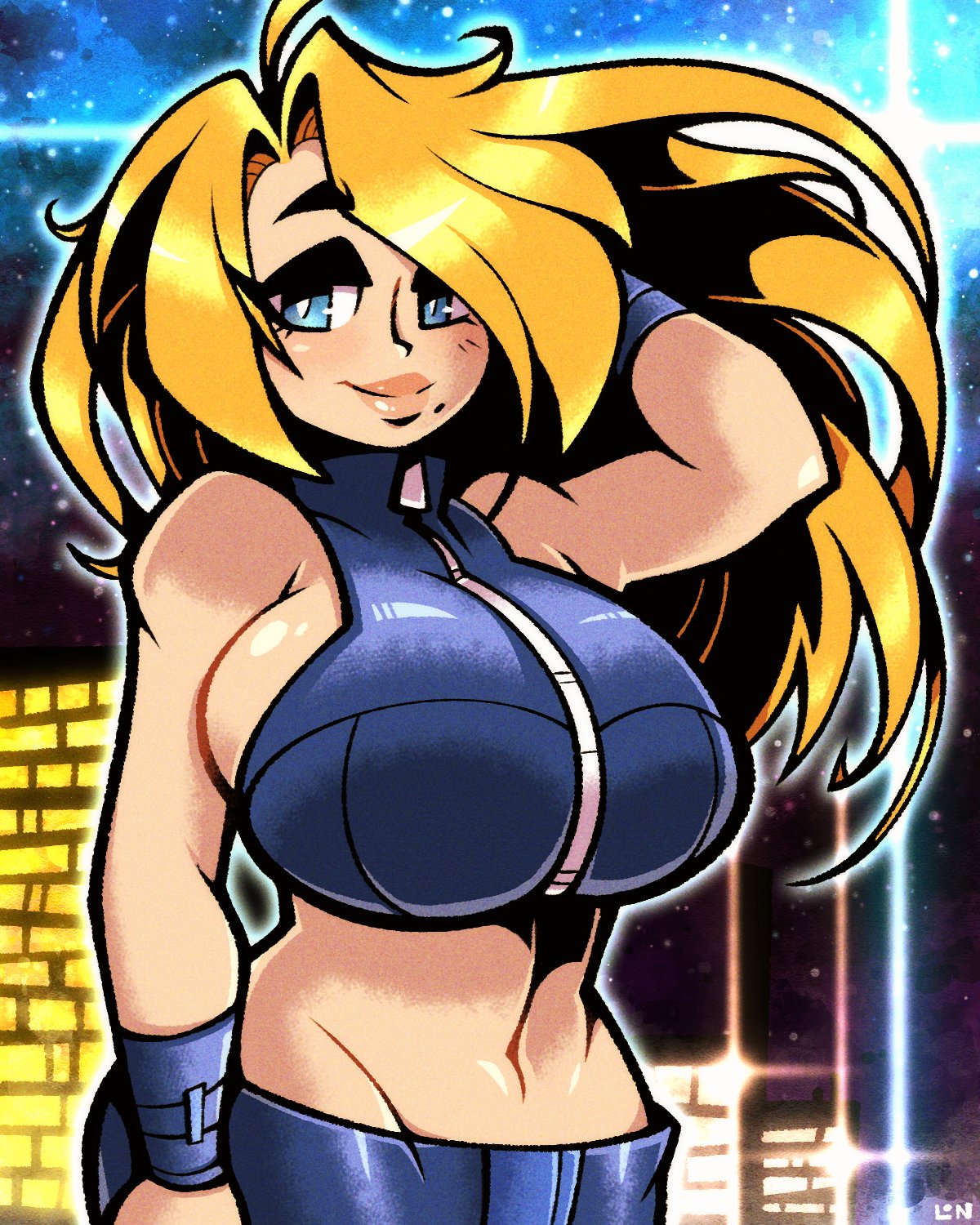 1girls bare_shoulders big_breasts blonde_hair blue_eyes blue_shorts blue_sports_bra breasts casual_outfit_(metroid) curvy female female_only legendofnerd light-skinned_female light_skin lips long_hair looking_at_viewer metroid midriff nintendo samus_aran shorts sideboob solo sports_bra super_metroid tagme