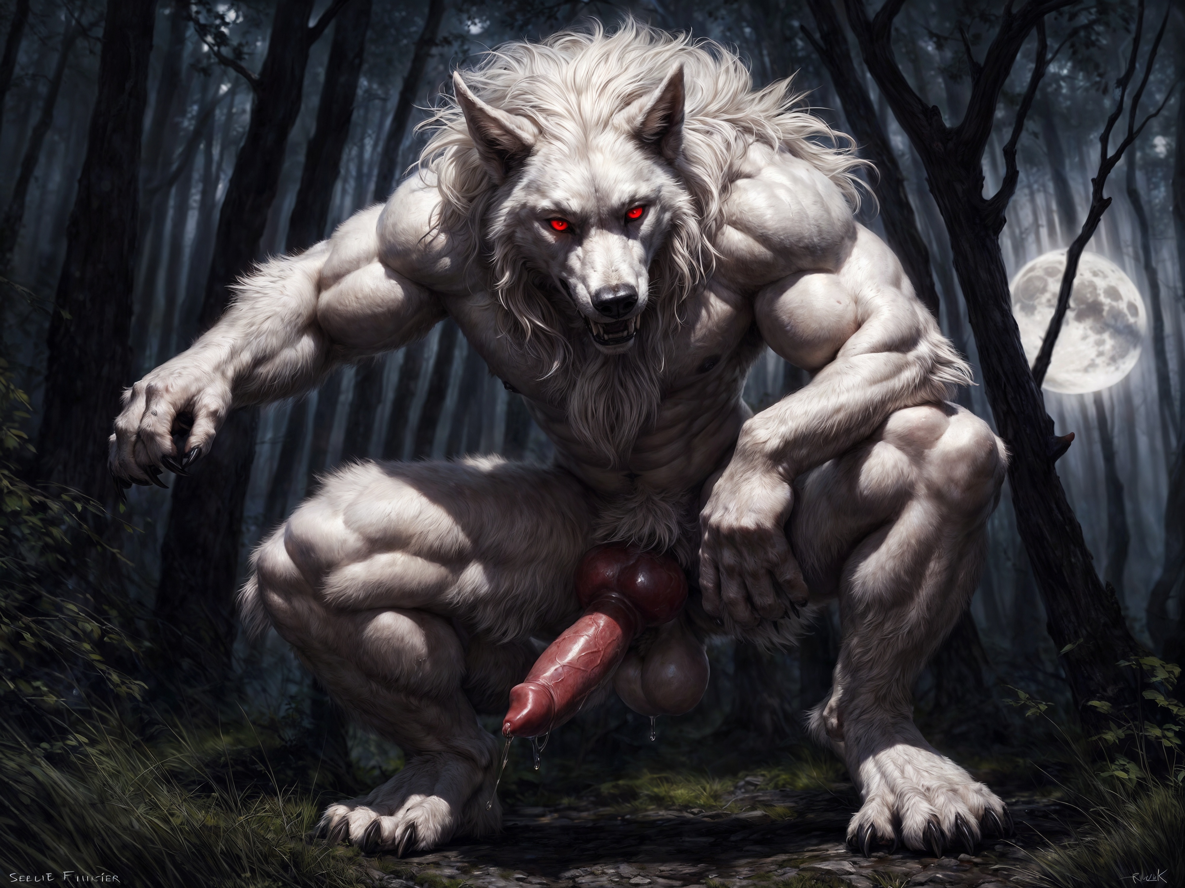 1anthro, 1boy, abs, ai generated, animal genitalia, animal penis, anthro, balls, ballsack, big penis, canid, canine, canine penis, canis, erection, forest, furry, high resolution, highres, knot, knotted penis, male, male only, moon, muscular, muscular male, penis, scrotum, solo, testicles, werecanid, werecanine, werewolf, white fur, wolf