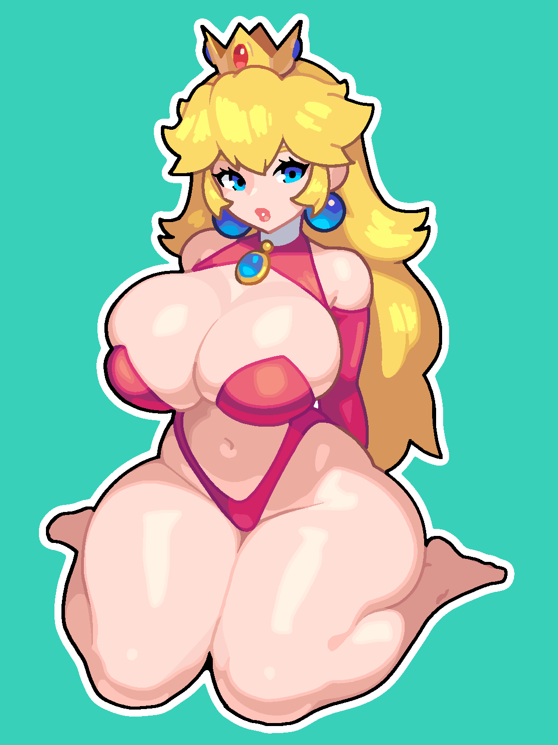 1girls adnyc alternate_breast_size big_breasts blonde_hair blue_background blue_eyes breasts cleavage clothing crown earrings eyebrows female female_only full_body huge_breasts human large_breasts leotard light-skinned_female light_skin lipstick long_hair looking_at_viewer mario_(series) navel nintendo princess_peach revealing_clothes simple_background sitting solo thick_thighs thighs wariza wide_hips