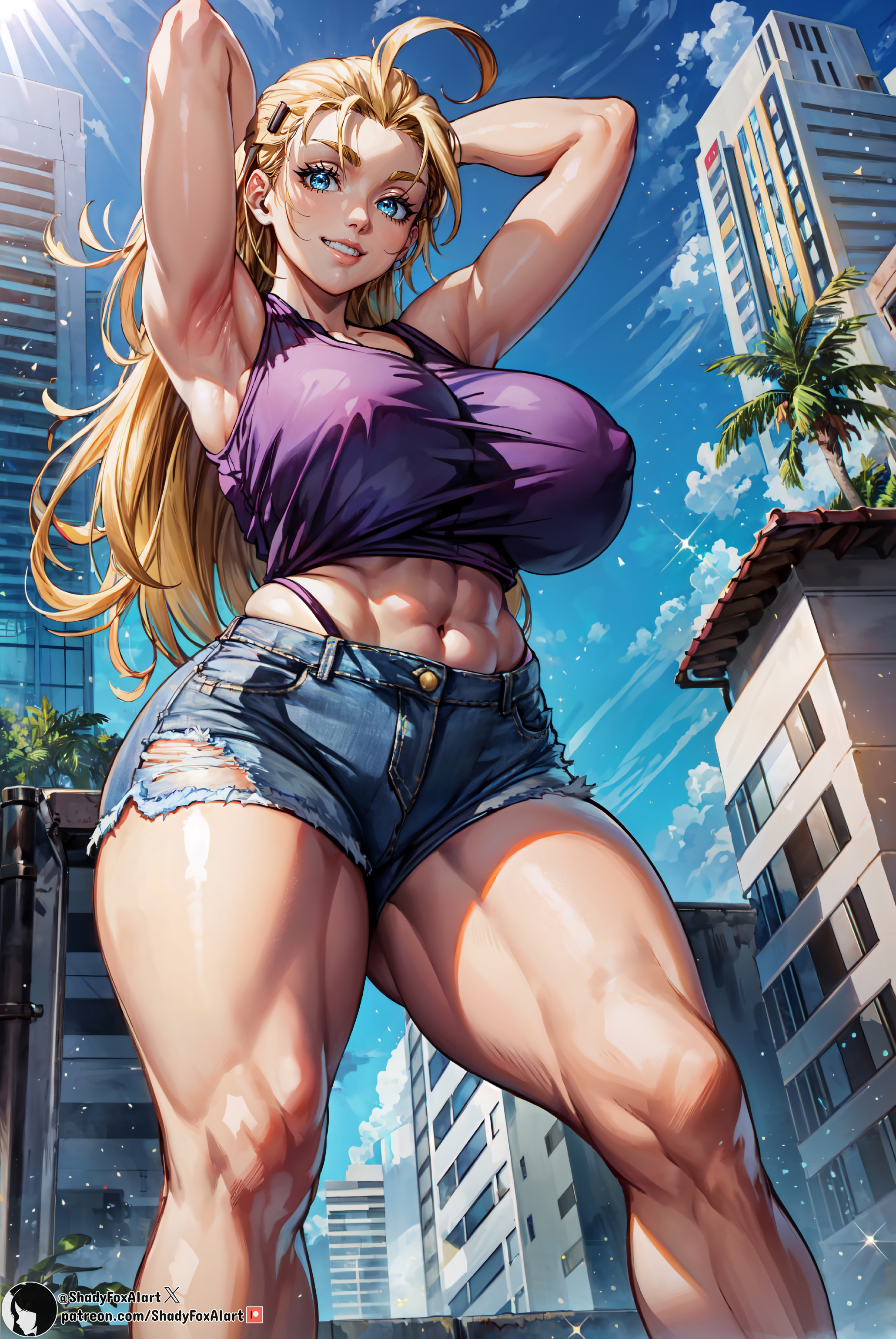 1girls, 2023, ahoge, ai generated, armpits, arms up, big breasts, blonde hair, blue eyes, blush, blush lines, blushing at viewer, breasts, building, buildings, city, city background, cityscape, cloud, clouds, covered nipples, curvaceous, curvy, day, daytime, denim, denim clothing, denim shorts, female, female focus, female only, from below, hands behind head, high resolution, highleg, highres, hips, history's strongest disciple kenichi, lips, long hair, looking at viewer, miu furinji, navel, nipple bulge, outdoors, outside, palm tree, self upload, shadyfox, sky, smile, solo, solo female, solo focus, stable diffusion, standing, street, sunlight, teeth, teeth showing, teeth visible, thick thighs, thighs, toned, toned stomach, tree, trees, upper teeth