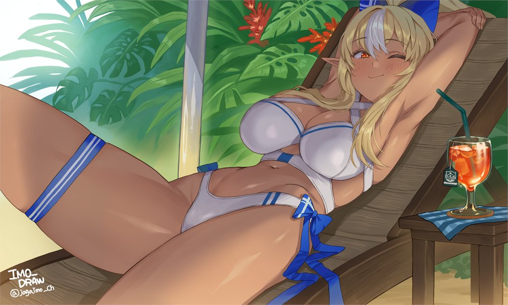 1girls, big breasts, bow, bra, breasts, color, colored, drink, female, female focus, female only, full color, hi res, high resolution, highres, hololive, hololive fantasy, hololive japan, imo draw, jagaimo, kkamja, lying down, lying on back, multicolored hair, nature, nature background, orange eyes, panties, ponytail, shiranui flare, solo, solo female, swimsuit, thick thighs, virtual youtuber, white hair, white panties, yellow hair