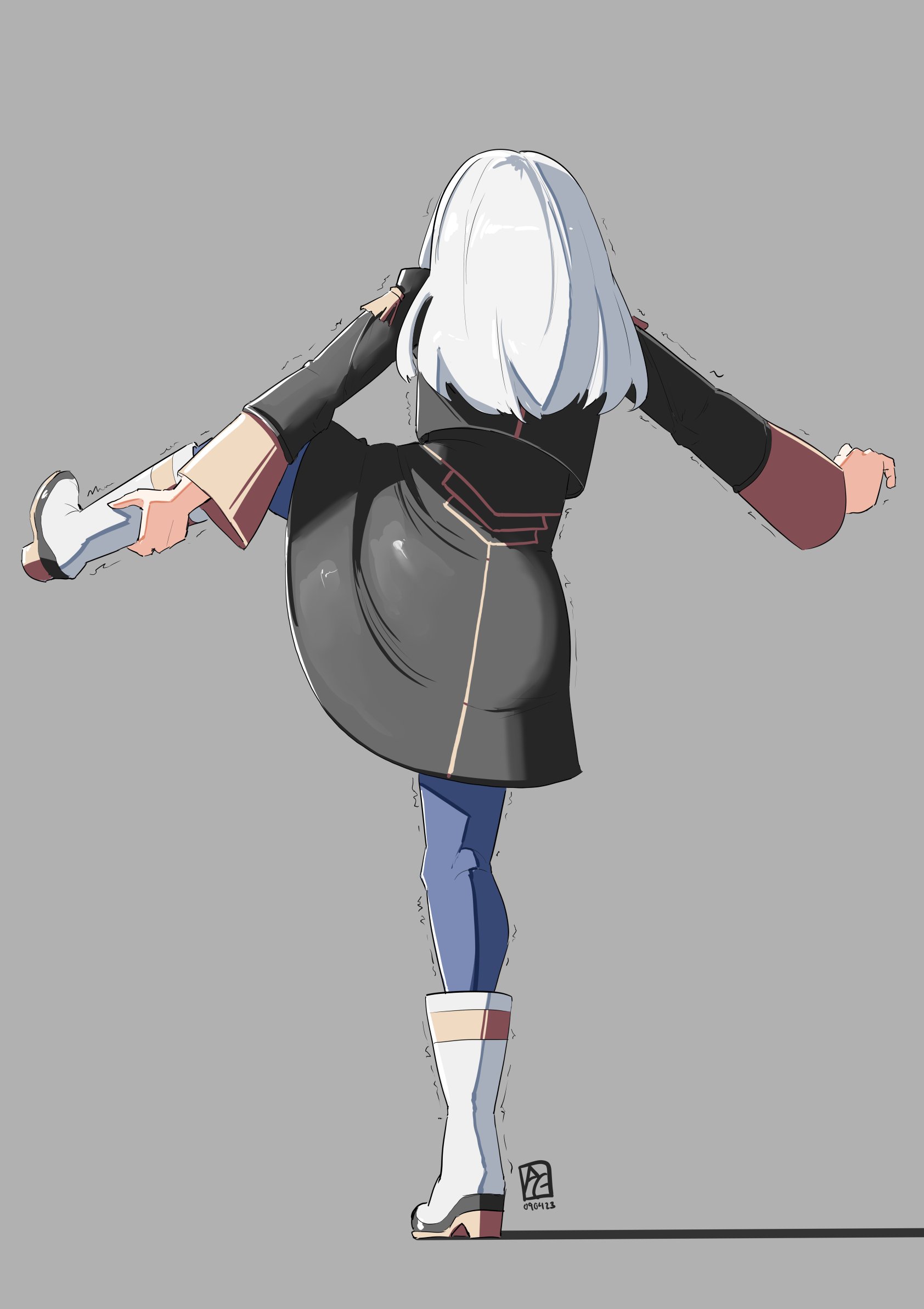1girls, artist name, ass, automatic giraffe, back to viewer, back view, big ass, blue pantyhose, boots, clothed, clothed female, facing away from viewer, female, female only, fire emblem, fire emblem: three houses, full body, fully clothed, fully clothed female, garreg mach monastery uniform, grey background, highres, lysithea von ordelia, nintendo, pantyhose, sign, simple background, solo, solo female, standing, standing on one leg, stretching, trembling, uniform, white footwear, white hair