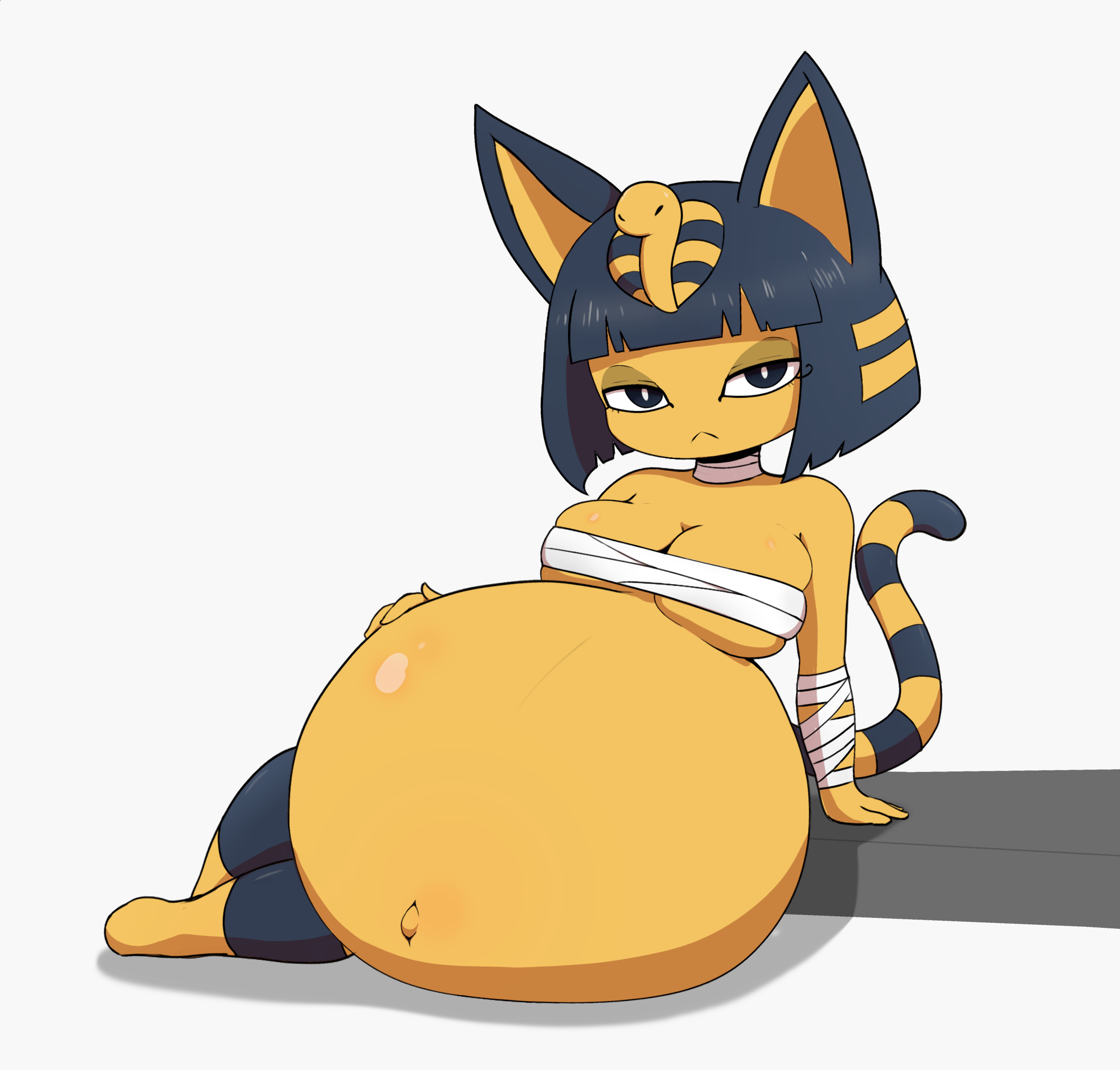 1girls, animal crossing, ankha, bandage, big belly, breasts, cumflation, disproportional, egyptian, feline, female, female only, furry, hand on stomach, humanoid, hyper, hyper belly, justapotato, looking at viewer, medium breasts, same size vore, soft vore, tail, tail markings, vore, vore belly, yellow fur