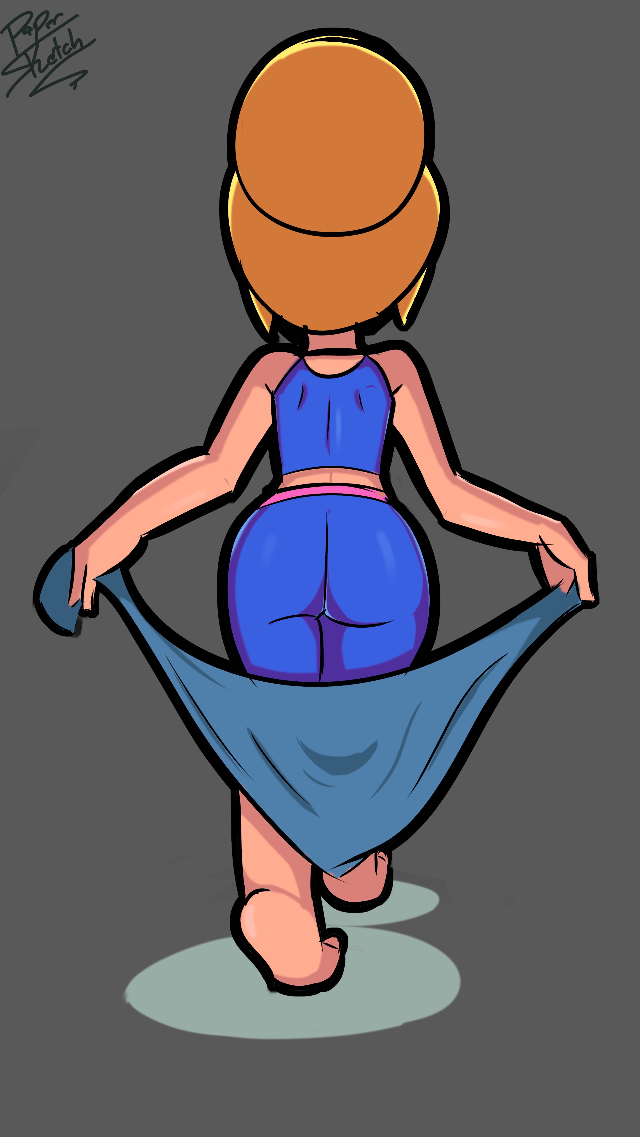 ass, ass focus, blonde hair, brawl stars, clothed, female, papersketch, piper (brawl stars), swimsuit