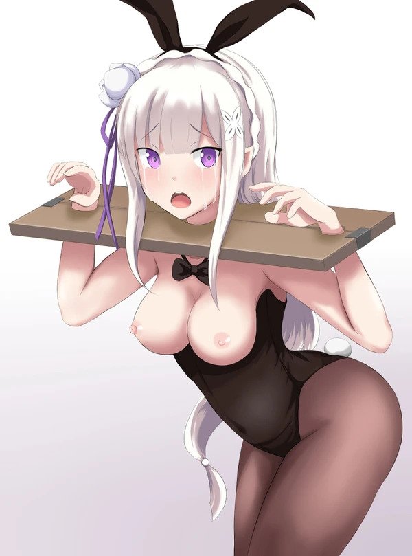 1girls breasts breasts_out bunnysuit captured crying elf elf_ears elf_female elf_girl emilia_(re:zero) enslaved_royal exposed_breasts half-dressed hips humiliation nipples pillory princess re:zero_kara_hajimeru_isekai_seikatsu sex_slave silver_hair slave slavegirl solo solo_female solo_focus standing thick_thighs unreliable white_background