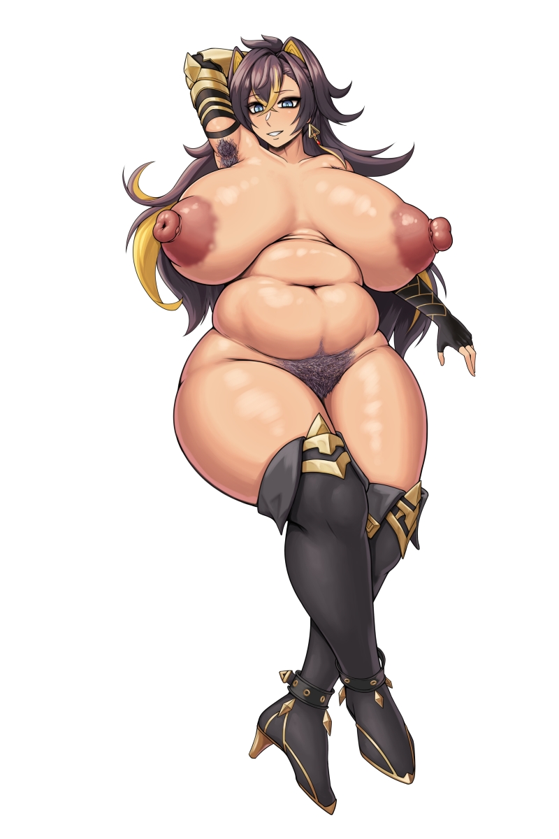 1girls, areolae, armpit hair, bbw, big breasts, big thighs, breasts, busty, chubby, curvy, dark skin, dark-skinned female, dehya (genshin impact), erect nipples, female, female armpit hair, female only, genshin impact, hairy, hairy armpits, hairy pussy, huge breasts, huge thighs, large breasts, large thighs, navel, nipples, one arm behind head, pubic hair, pussy, solo, solo female, thick thighs, thighs, wet tea, white background